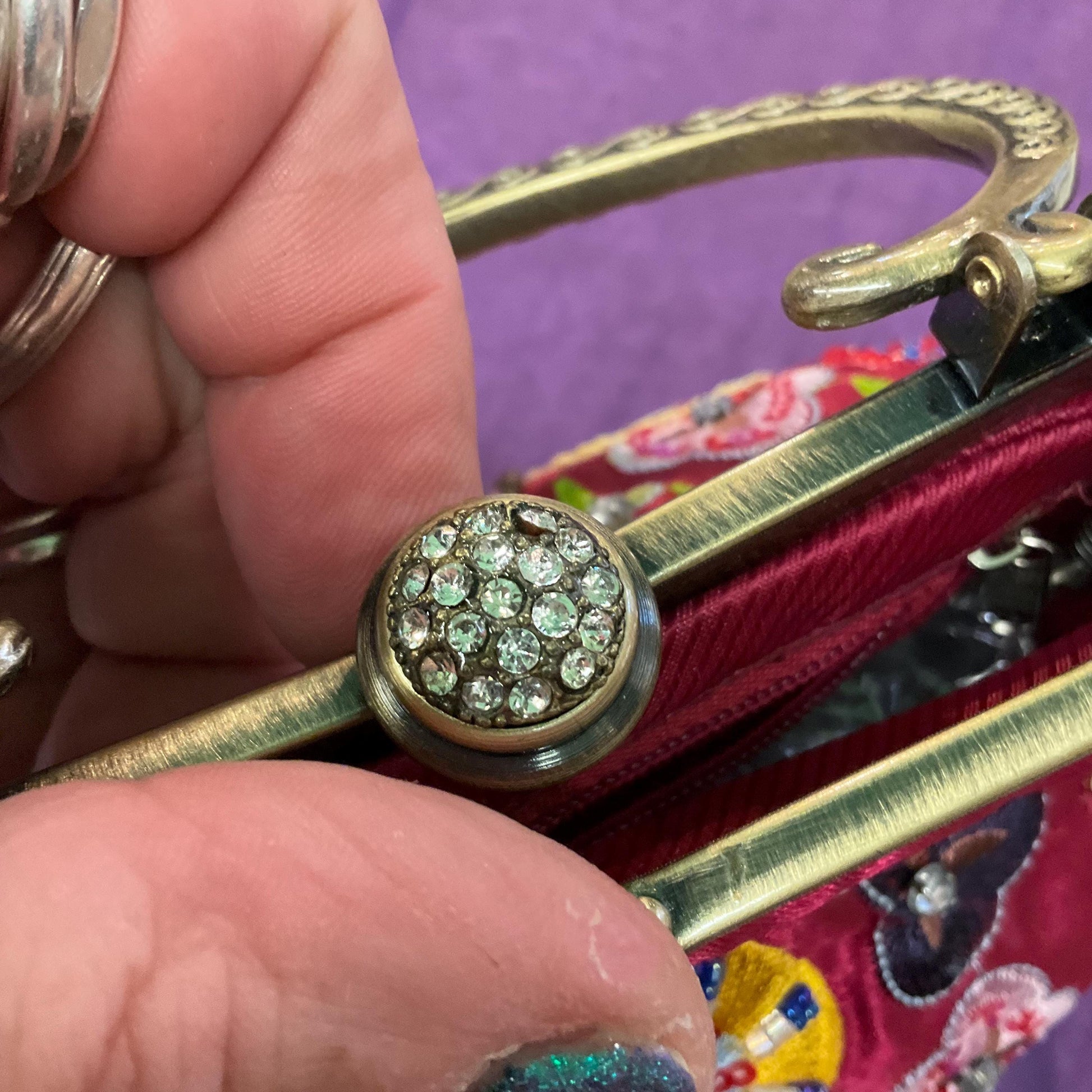 Vintage Butler and Wilson Embroidered and Beaded Satin Evening Bag, Deep Rose Pink, Abstract florals with silver crystal trim