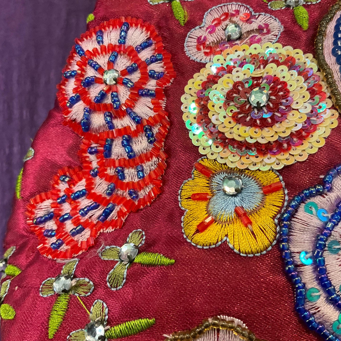 Vintage Butler and Wilson Embroidered and Beaded Satin Evening Bag, Deep Rose Pink, Abstract florals with silver crystal trim