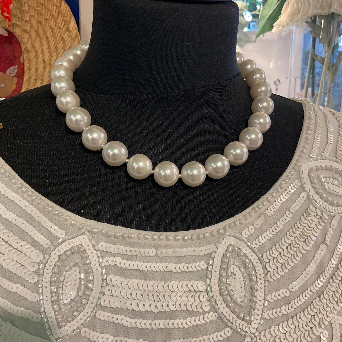 Vintage Butler and Wilson Large Faux Pearl Beaded Necklace , Silver tone with white/ pale ivory hand knotted pearls , vintage wedding