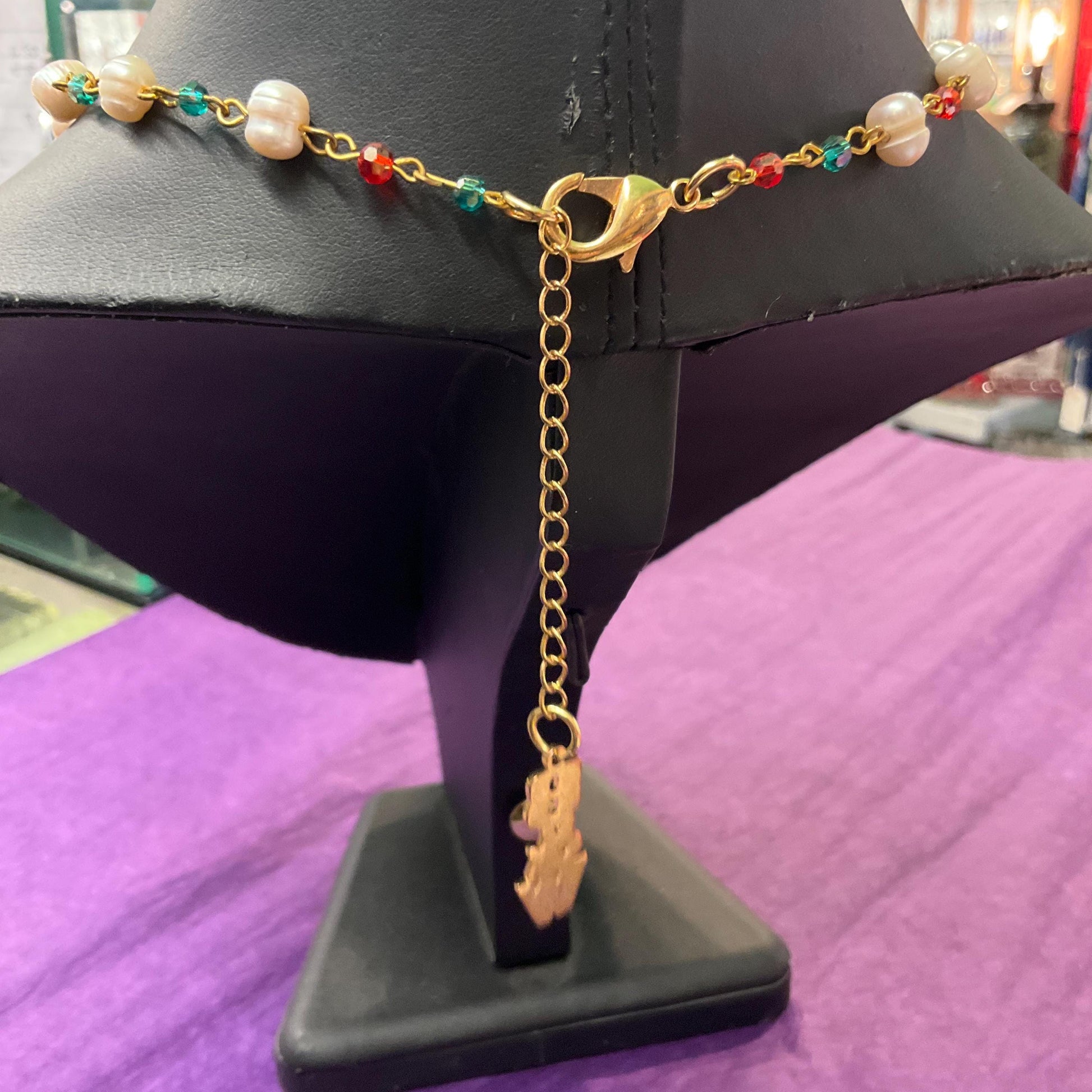 Vintage Butler and Wilson Fresh Water Pearl and Crystal Butterfly Drop Necklace,Ivory pearls with Red and Green crystals, signed as new