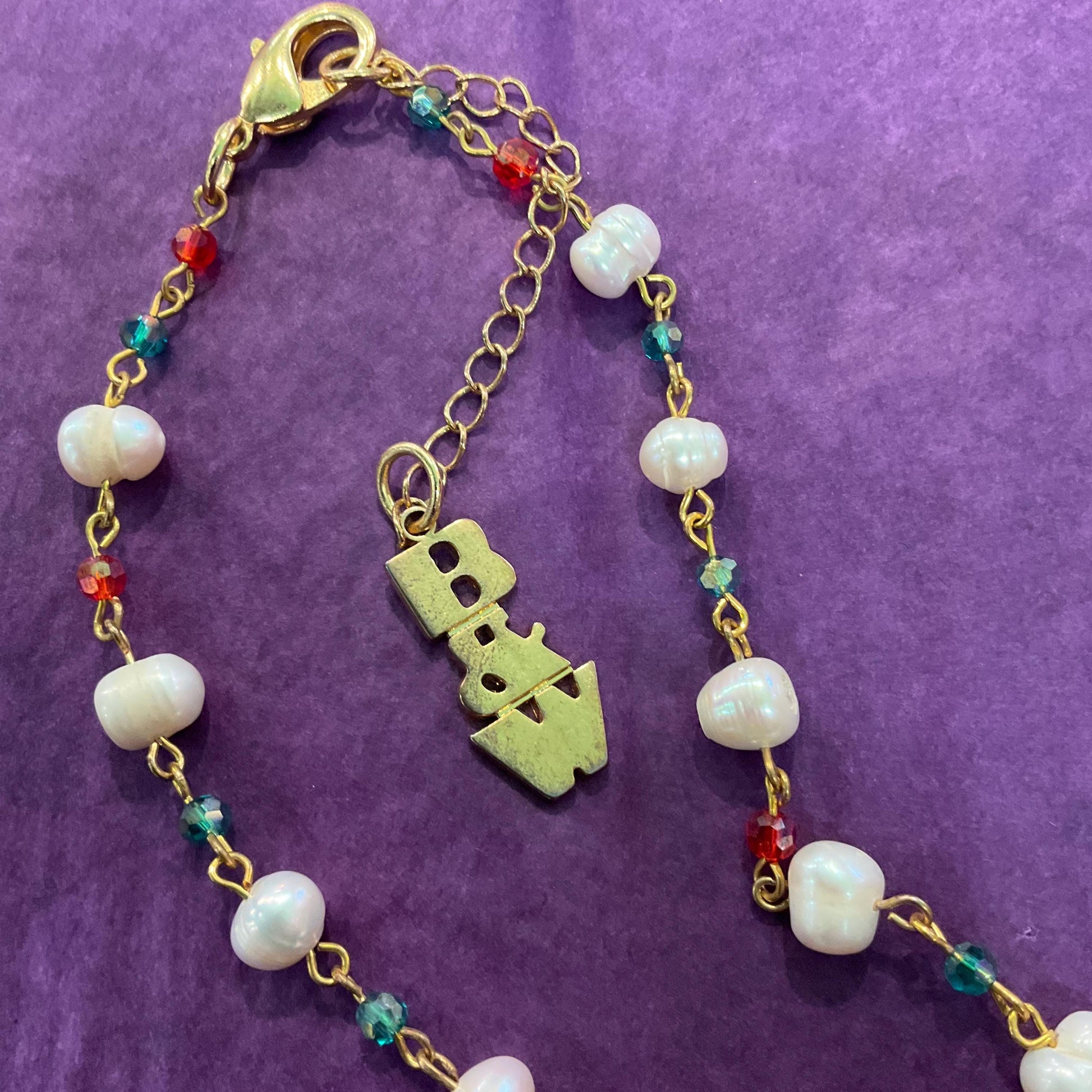 Vintage Butler and Wilson Fresh Water Pearl and Crystal Butterfly Drop Necklace,Ivory pearls with Red and Green crystals, signed as new