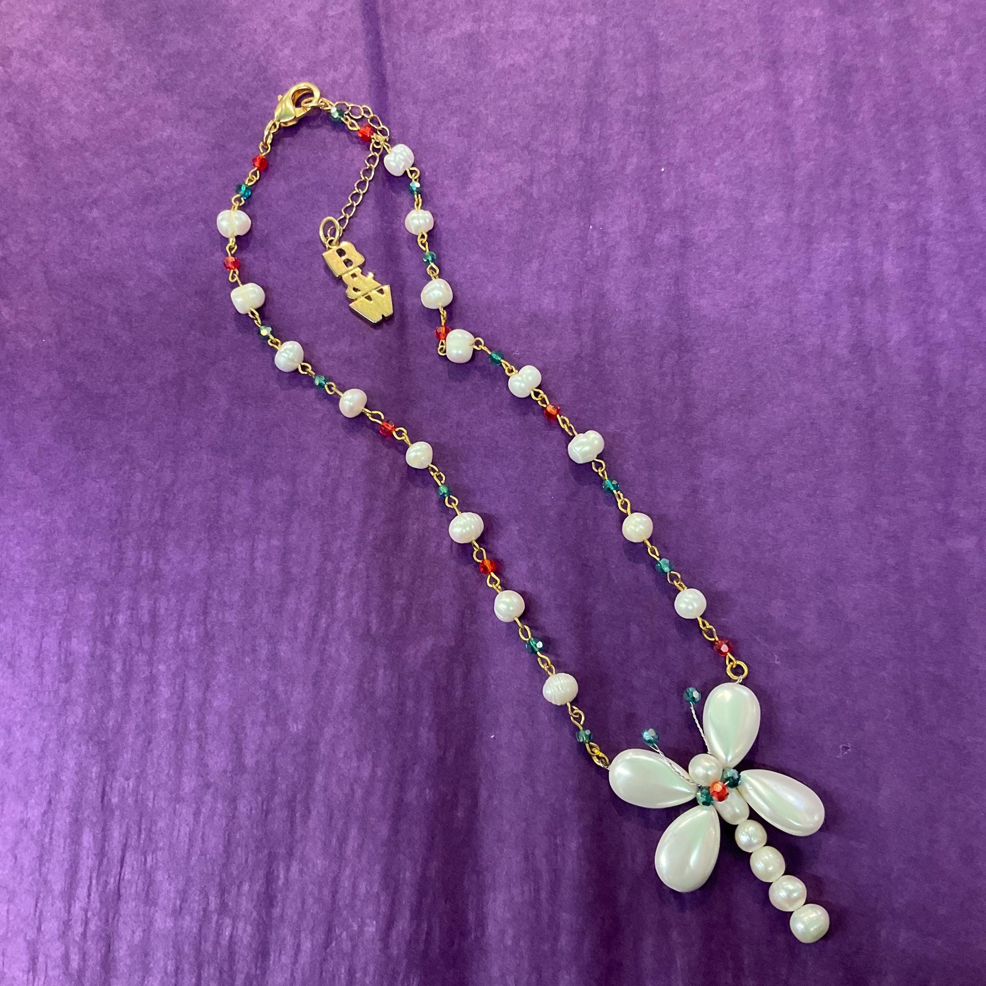 Vintage Butler and Wilson Fresh Water Pearl and Crystal Butterfly Drop Necklace,Ivory pearls with Red and Green crystals, signed as new