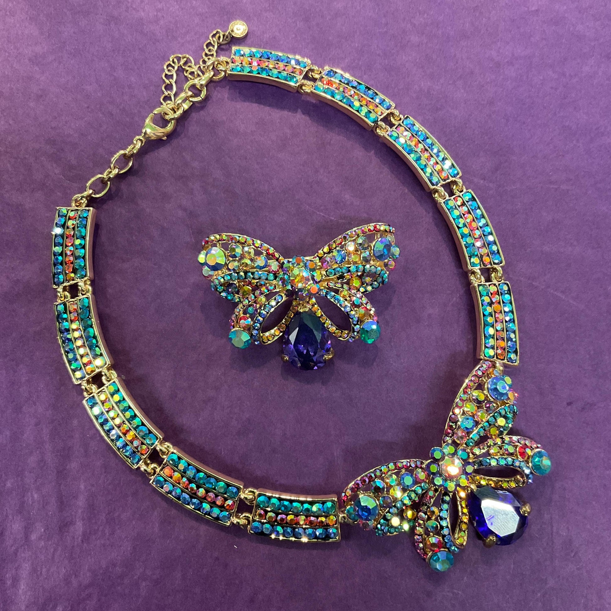 Vintage Butler and Wilson Rainbow Crystal Bow Barette Hair Clip, Gold Tone with Multicoloured Borealis Rhinestones and Crystals