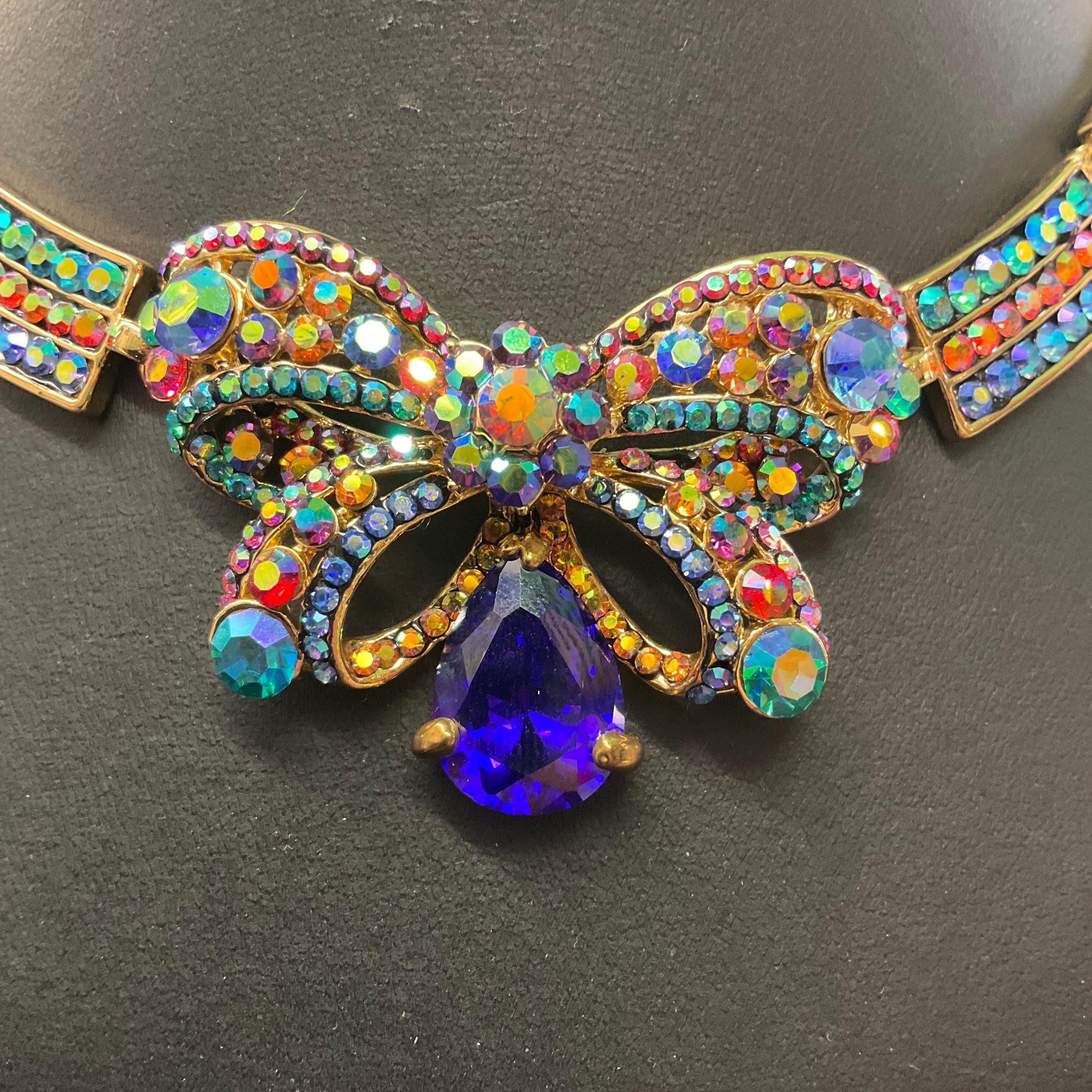 Vintage Butler and Wilson Rainbow Crystal Bow Panel Necklace, Gold Tone with Multicoloured Borealus Rhinestones and Crystals