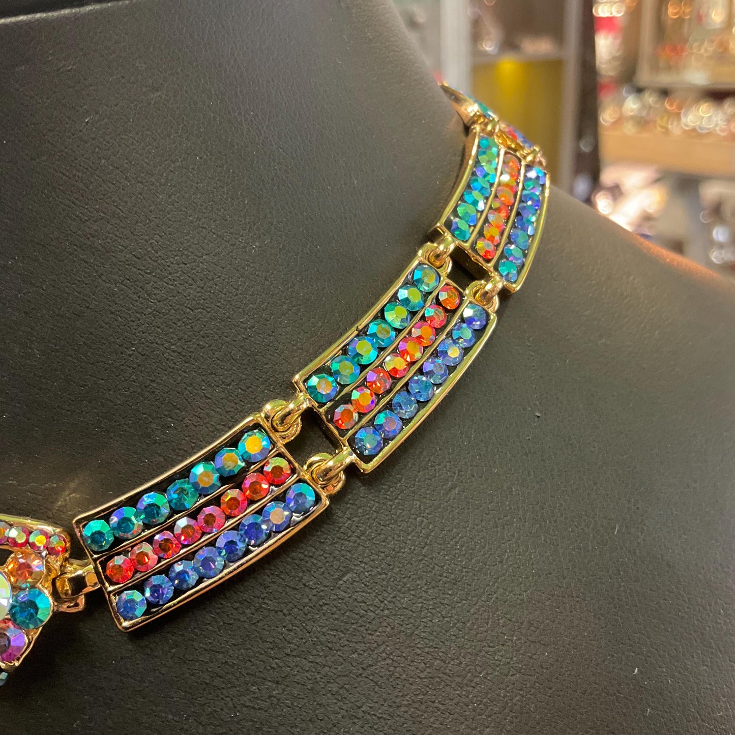 Vintage Butler and Wilson Rainbow Crystal Bow Panel Necklace, Gold Tone with Multicoloured Borealus Rhinestones and Crystals