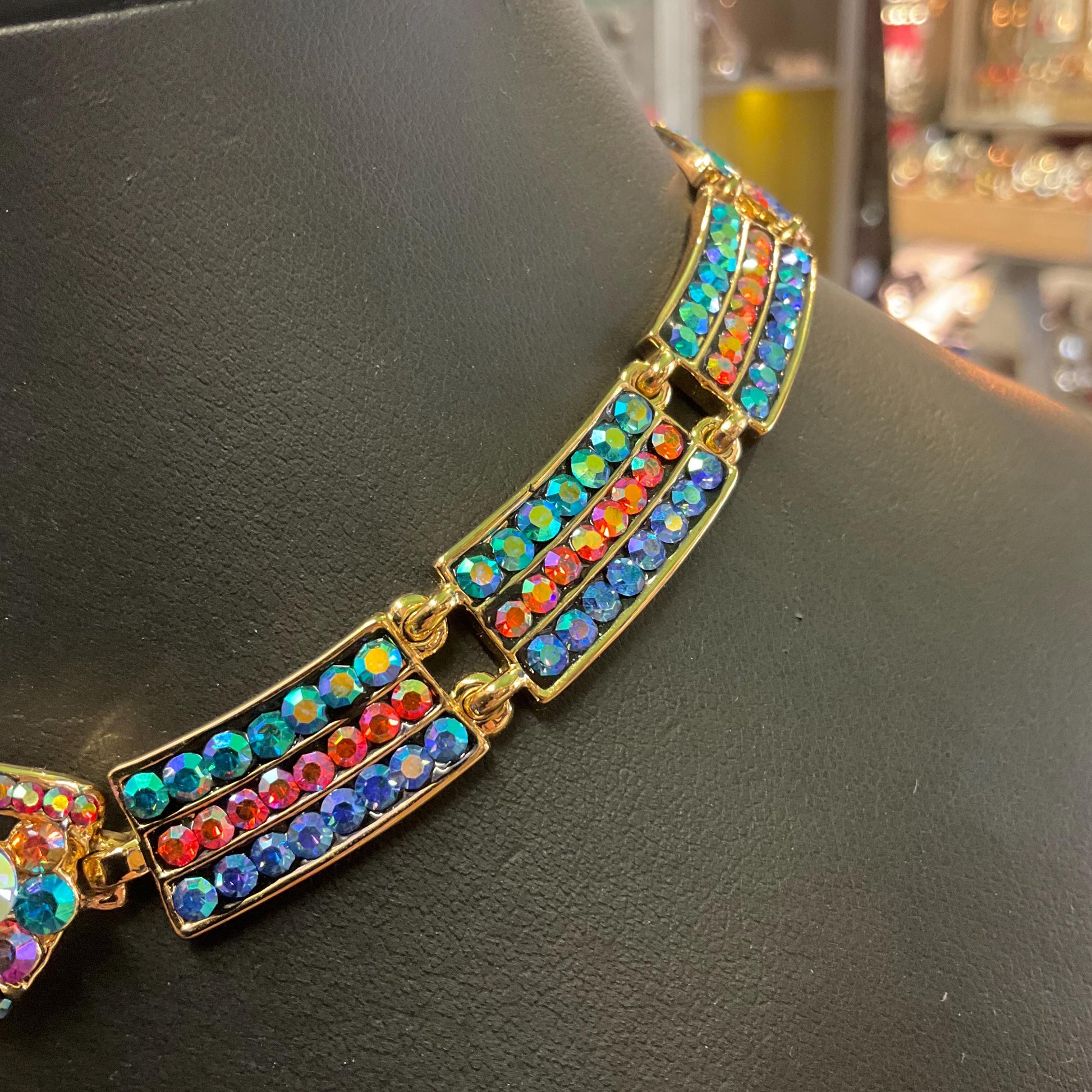 Vintage Butler and Wilson Rainbow Crystal Bow Panel Necklace, Gold Tone with Multicoloured Borealus Rhinestones and Crystals