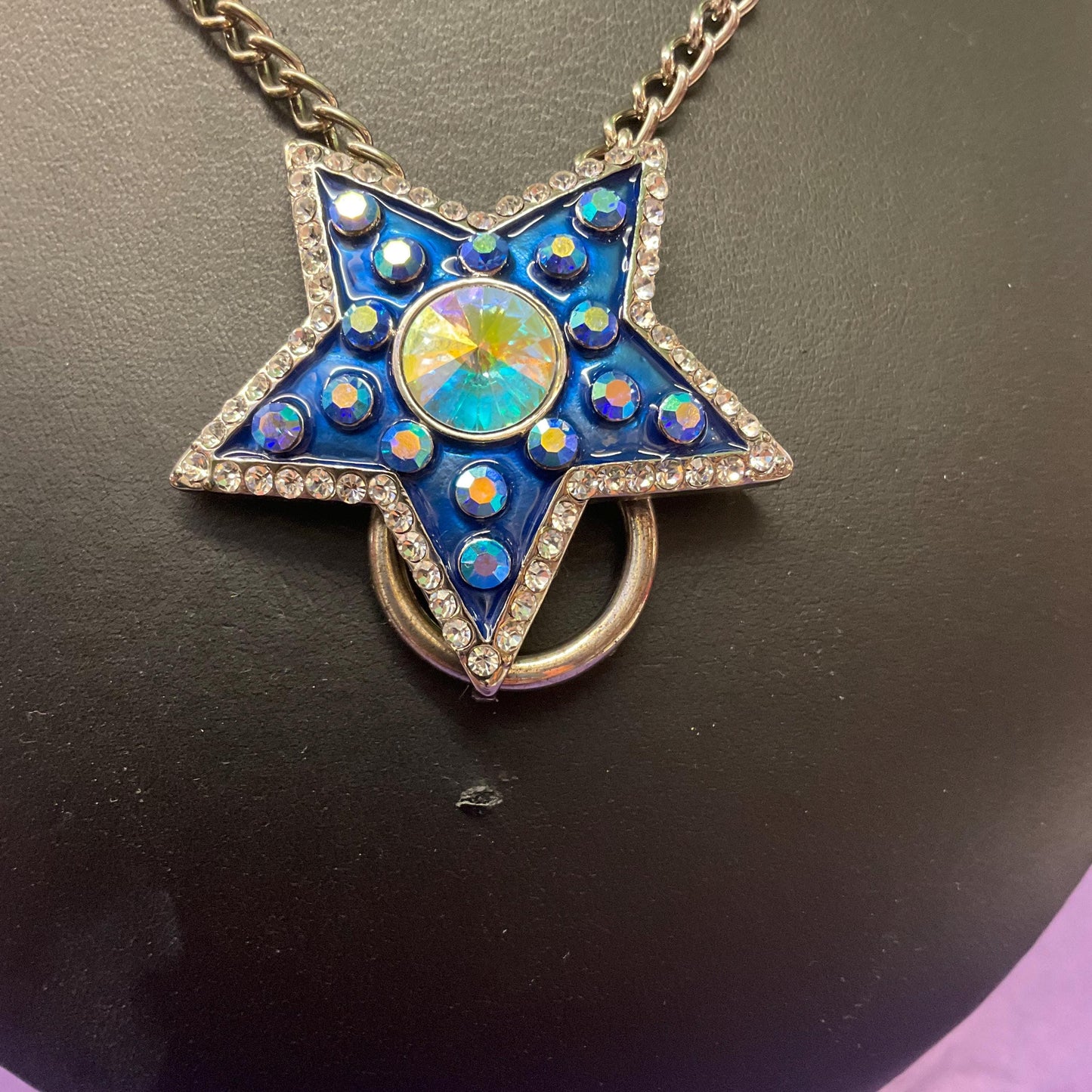 Vintage Butler and Wilson Blue Star Long Crystal Pendant/ Spectacles Holder, Enamel with Aurora Borealis Rhinestones, Sustainable Gift