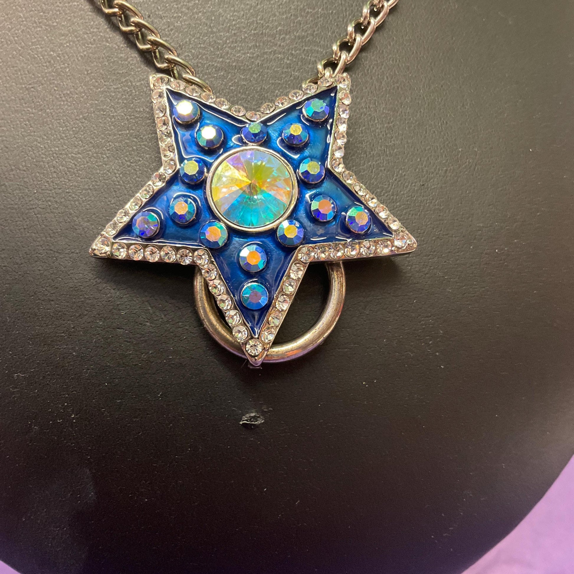 Vintage Butler and Wilson Blue Star Long Crystal Pendant/ Spectacles Holder, Enamel with Aurora Borealis Rhinestones, Sustainable Gift