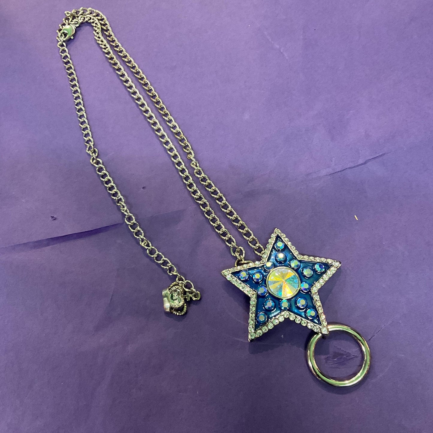 Vintage Butler and Wilson Blue Star Long Crystal Pendant/ Spectacles Holder, Enamel with Aurora Borealis Rhinestones, Sustainable Gift