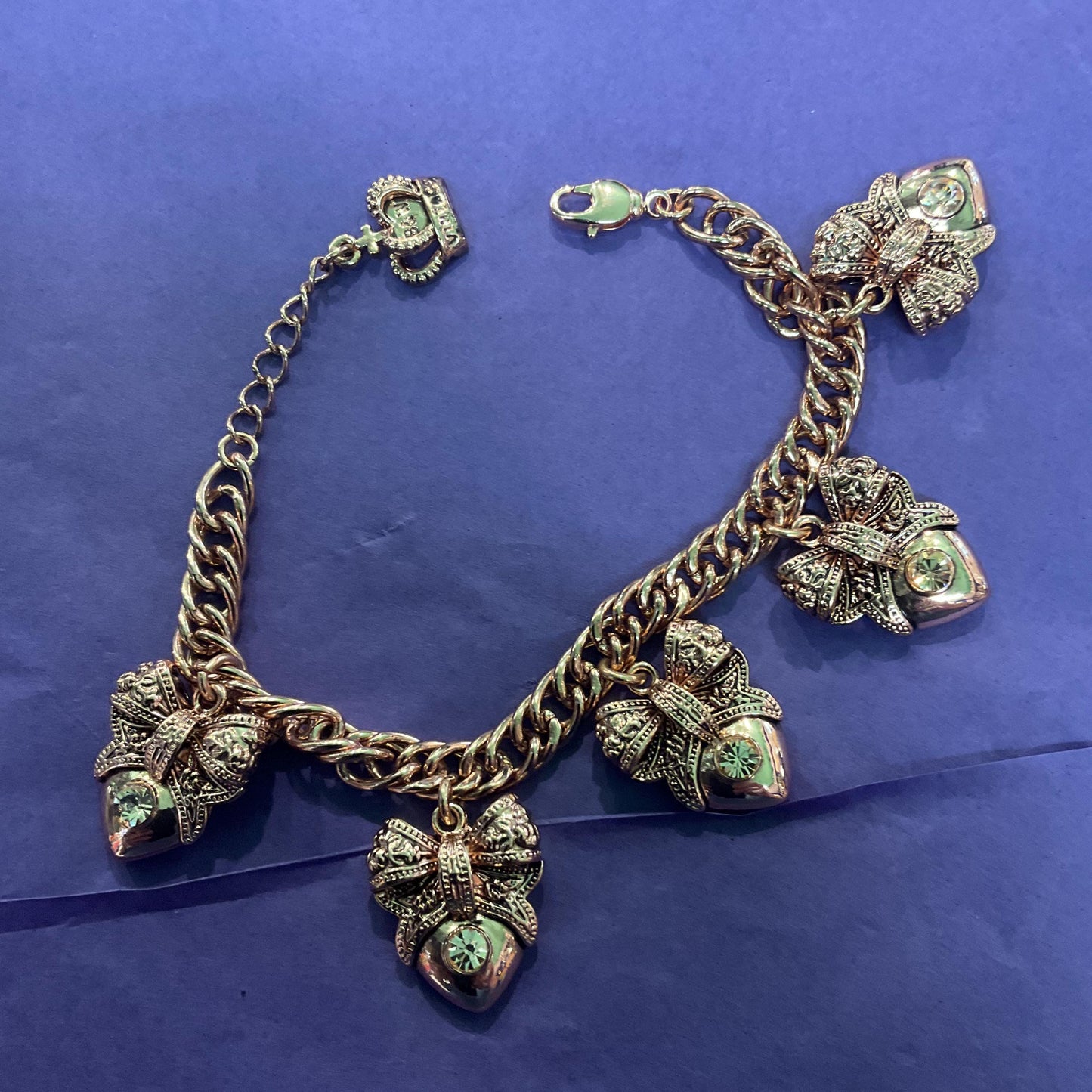 Vintage Butler and Wilson Barouque Style Rose Gold Bow and Heart Charm Bracelet, Rose Gold Crystals, Signed as new, sustainable Gift