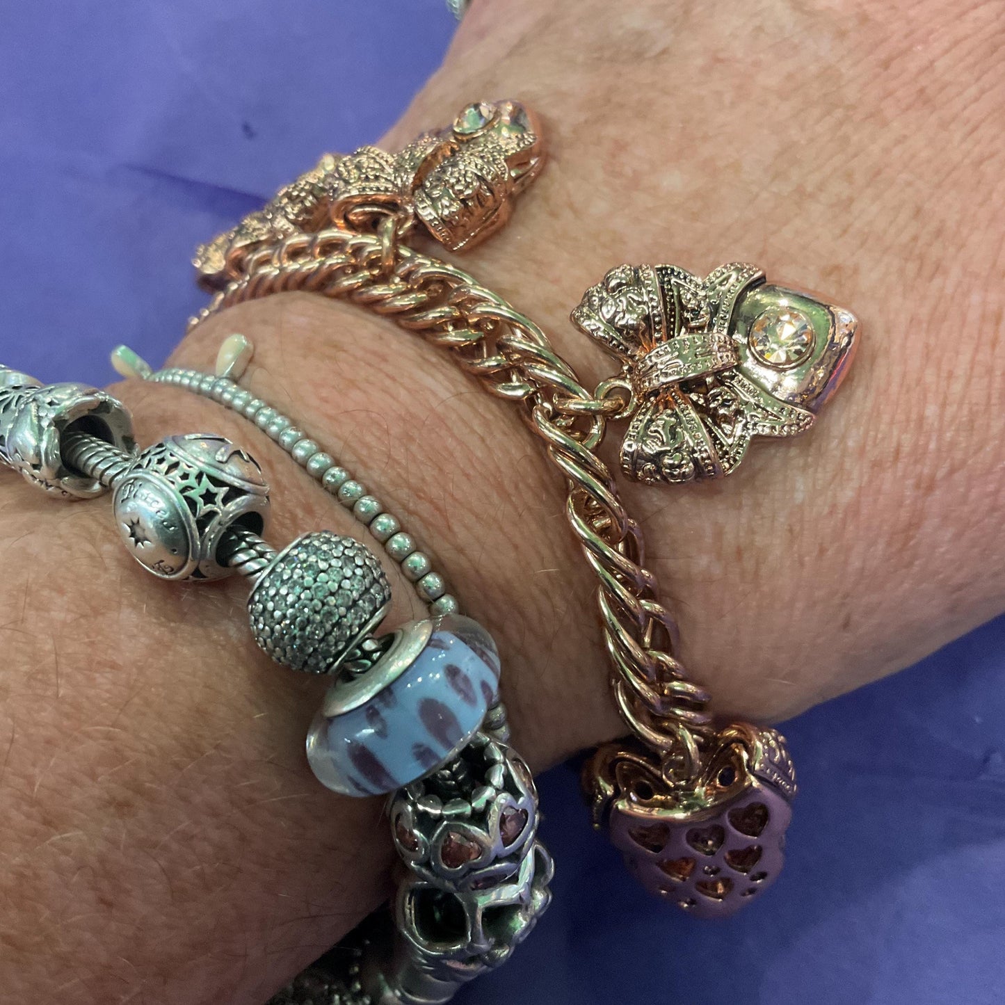 Vintage Butler and Wilson Barouque Style Rose Gold Bow and Heart Charm Bracelet, Rose Gold Crystals, Signed as new, sustainable Gift