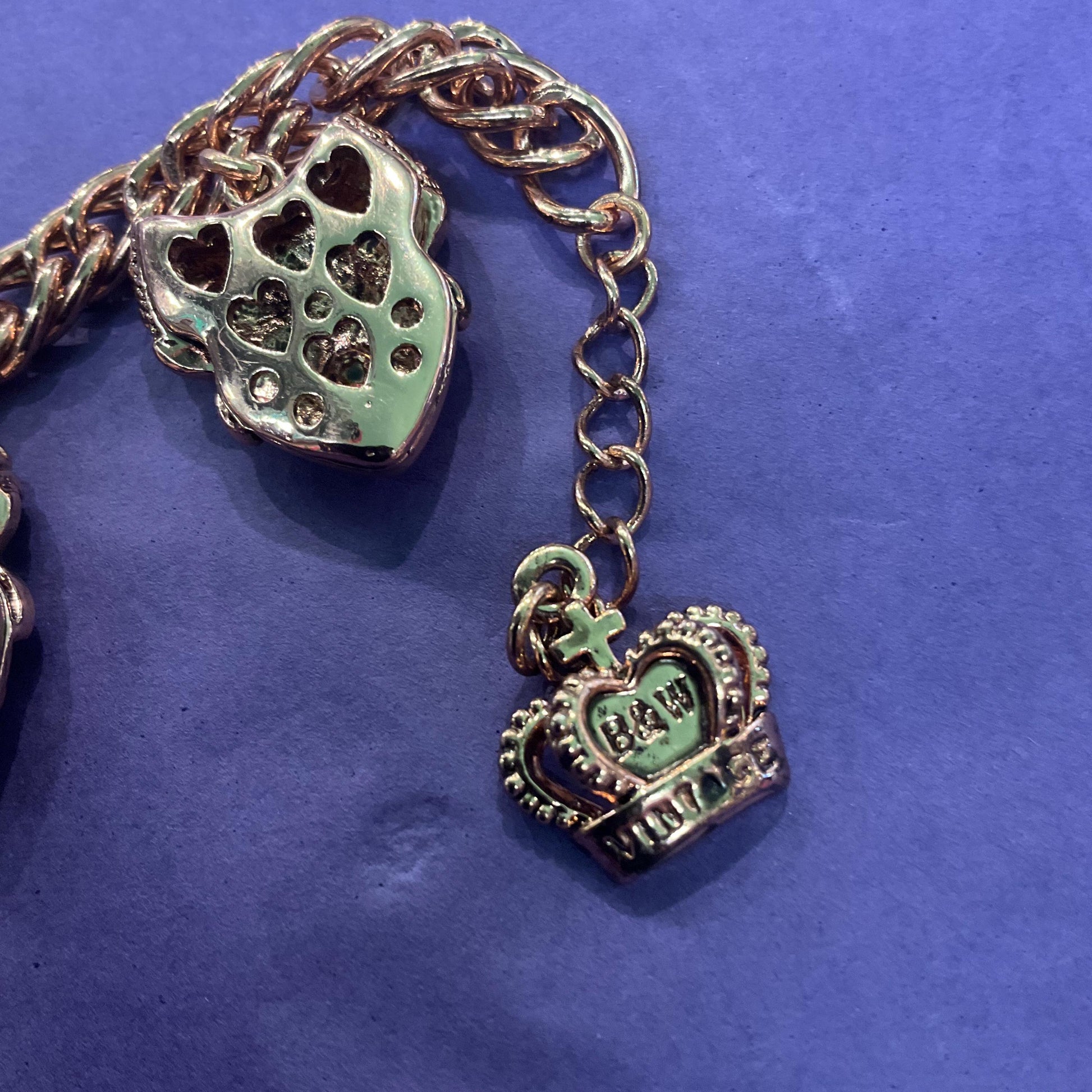 Vintage Butler and Wilson Barouque Style Rose Gold Bow and Heart Charm Bracelet, Rose Gold Crystals, Signed as new, sustainable Gift