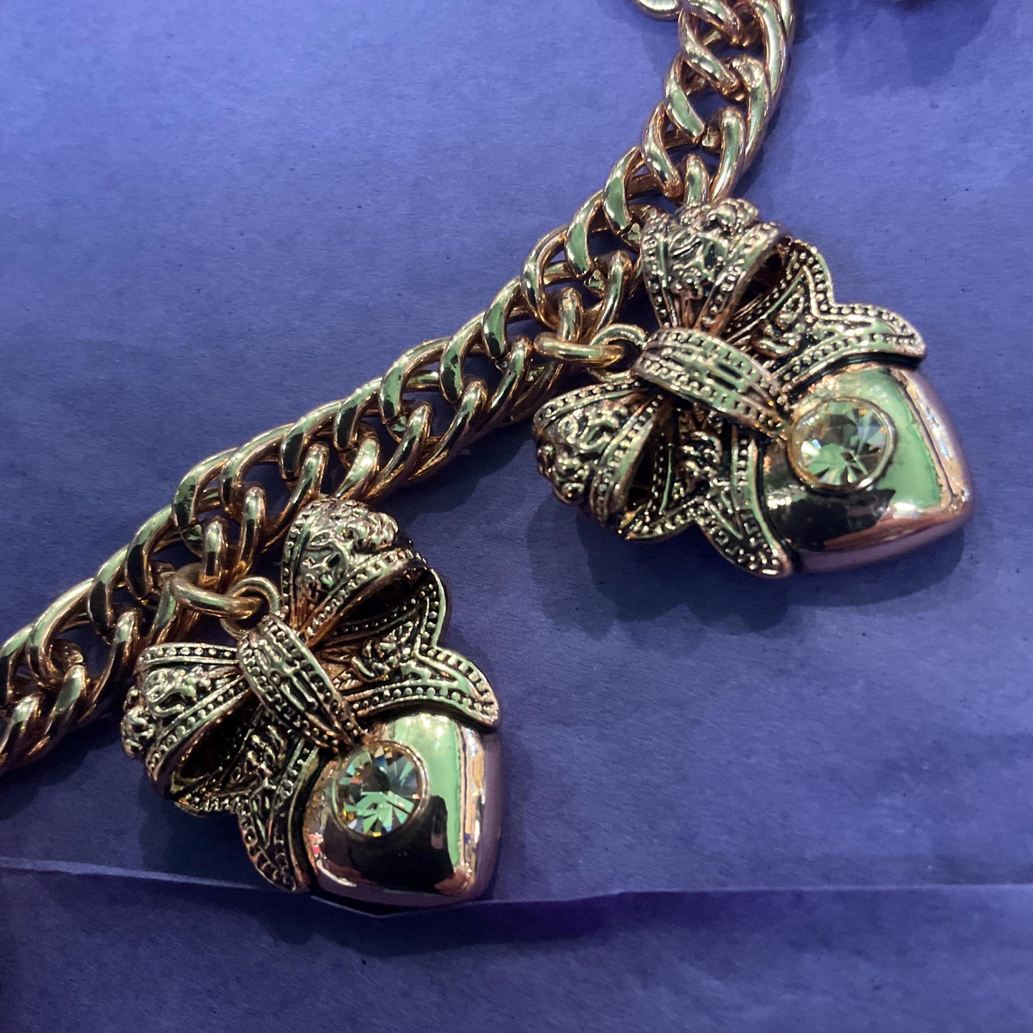 Vintage Butler and Wilson Barouque Style Rose Gold Bow and Heart Charm Bracelet, Rose Gold Crystals, Signed as new, sustainable Gift