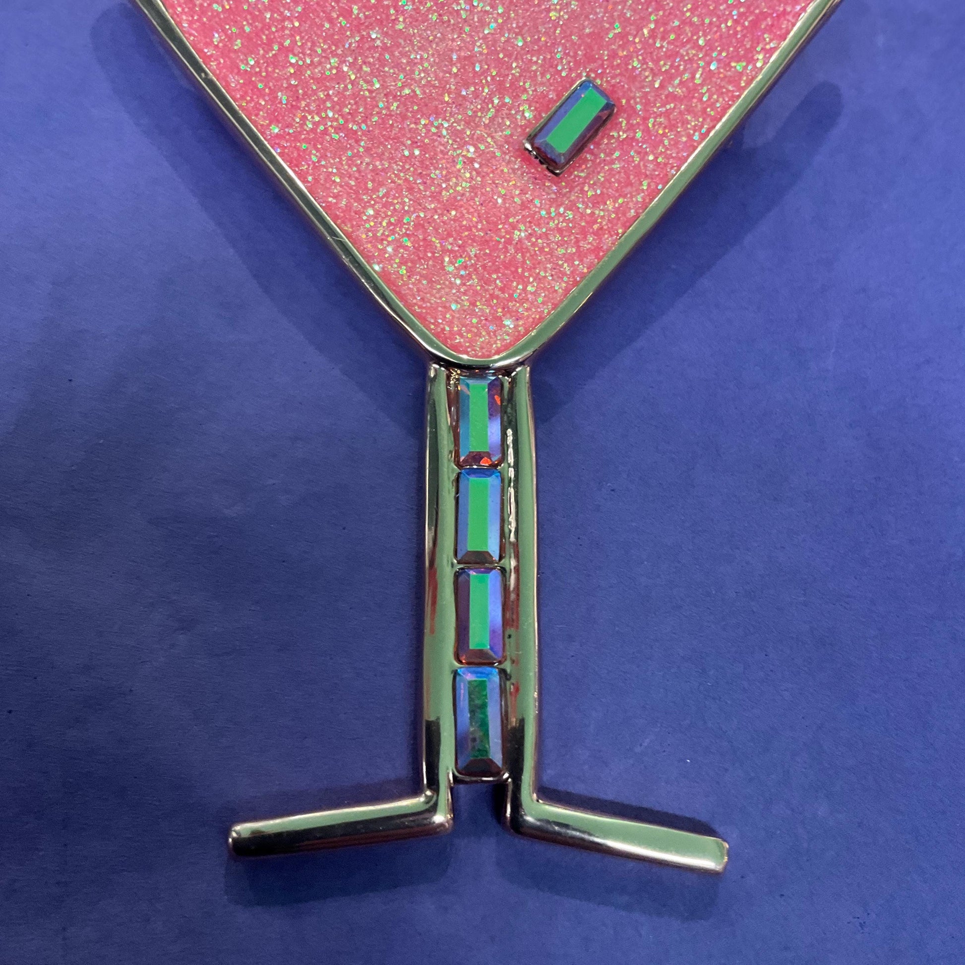 Vintage Butler and Wilson Large Pink Glitter Crystal Cocktail Glass Brooch, Rose Gold tone with Crystal Glitter and Rainbow Rhinestones