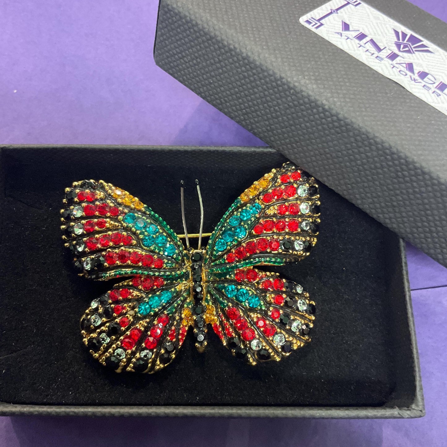 Vintage Butler and Wilson Crystal Bohemian Butterfly Brooch, Gold Tone with Multicoloured Crystal Rhinestones, Signed as new