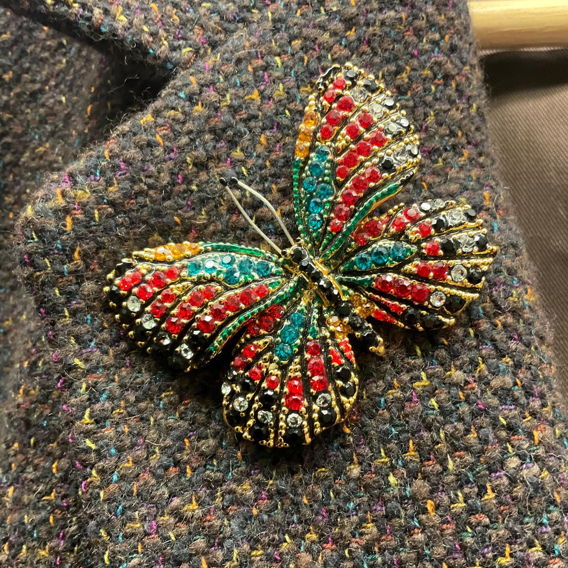Vintage Butler and Wilson Crystal Bohemian Butterfly Brooch, Gold Tone with Multicoloured Crystal Rhinestones, Signed as new