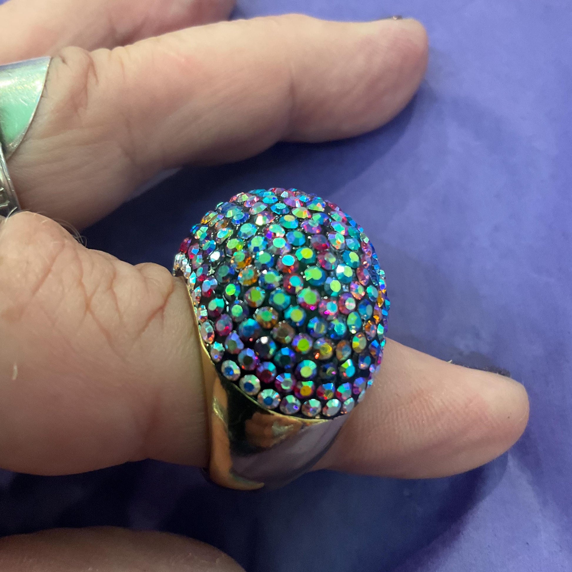 Vintage Butler and Wilson Statement Rainbow Crystal Domed Ring, Gold tone with Aurora Borealis Rhinestones, Signed in Original Box