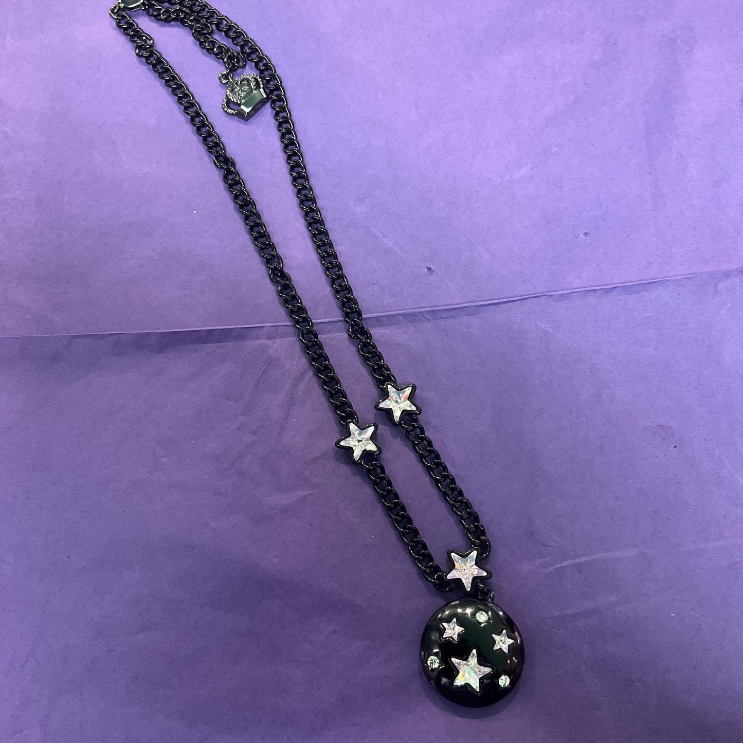 Vintage Butler and Wilson Black and Silver Star Pendant, Black Enamel with Crystal Stars and Rhinestones, Signed in Original Box
