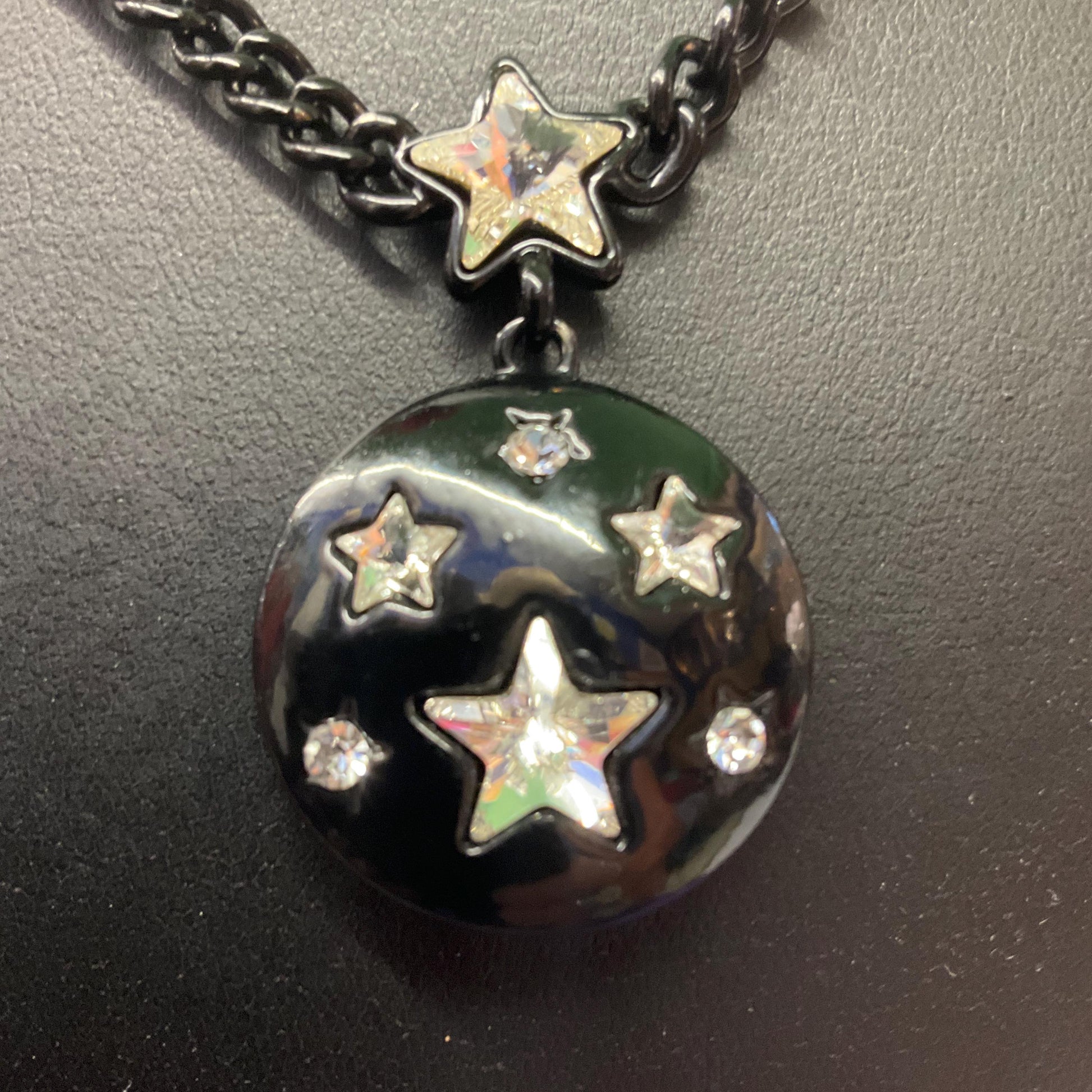 Vintage Butler and Wilson Black and Silver Star Pendant, Black Enamel with Crystal Stars and Rhinestones, Signed in Original Box