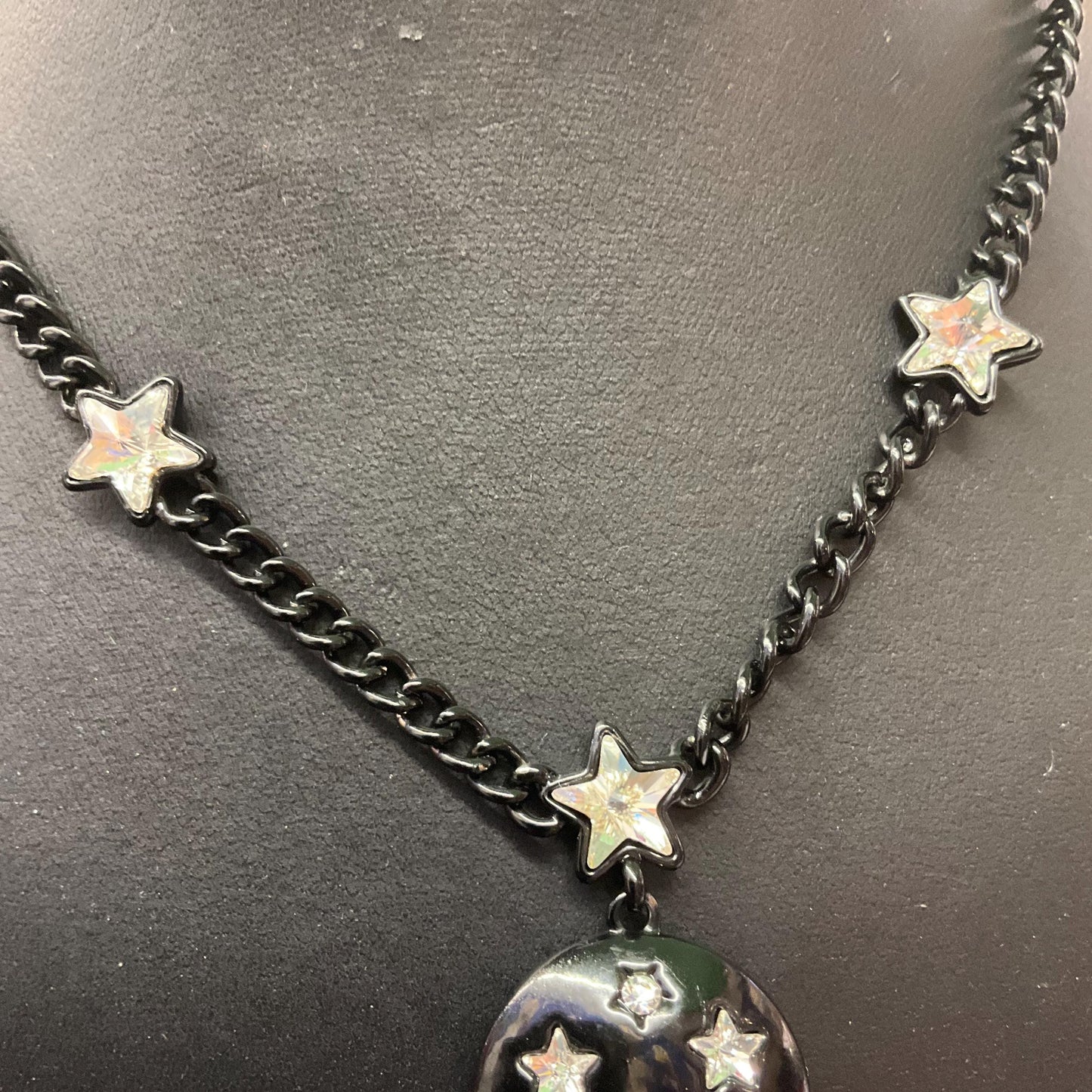 Vintage Butler and Wilson Black and Silver Star Pendant, Black Enamel with Crystal Stars and Rhinestones, Signed in Original Box