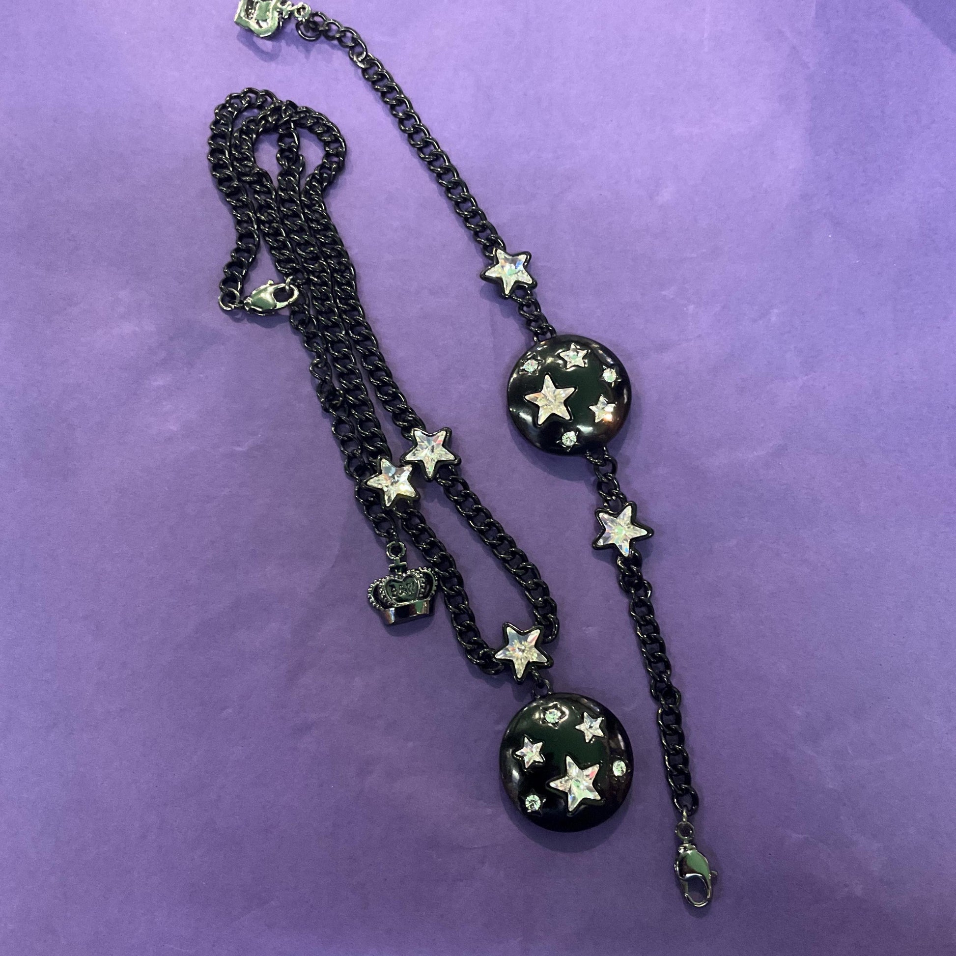 Vintage Butler and Wilson Black and Silver Star Pendant, Black Enamel with Crystal Stars and Rhinestones, Signed in Original Box