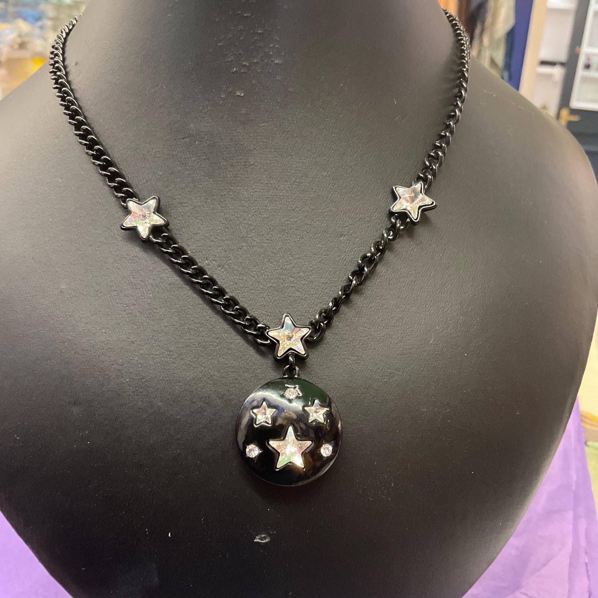 Vintage Butler and Wilson Black and Silver Star Pendant, Black Enamel with Crystal Stars and Rhinestones, Signed in Original Box