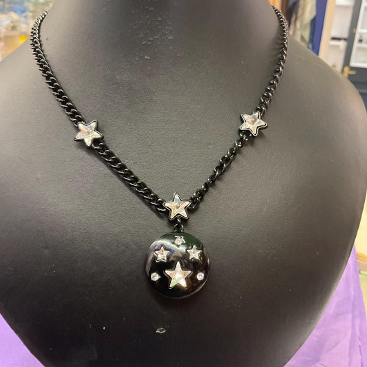 Vintage Butler and Wilson Black and Silver Star Pendant, Black Enamel with Crystal Stars and Rhinestones, Signed in Original Box