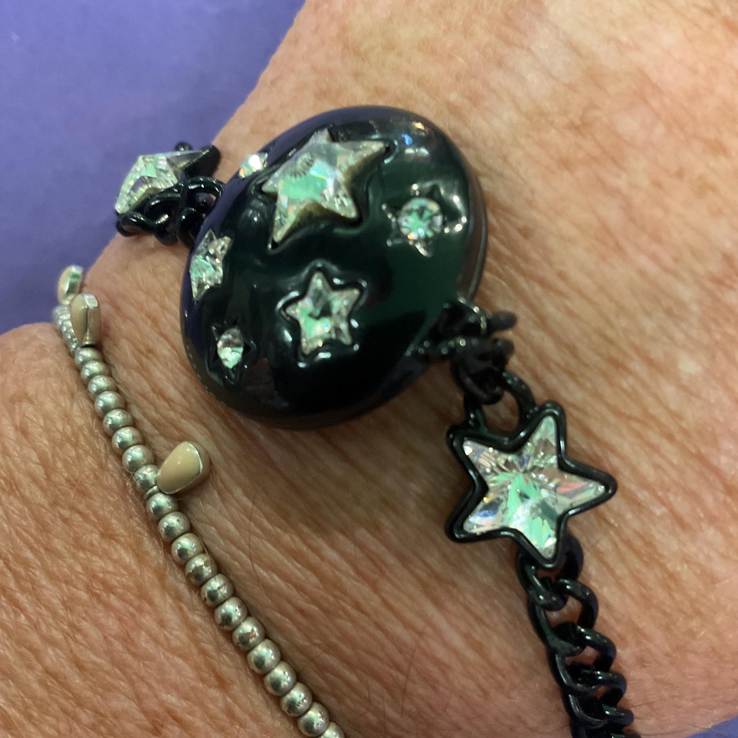 Vintage Butler and Wilson Black and Silver Star Bracelet, Black Enamel and Silver Crystal, Signed in Original Box , Formal Event