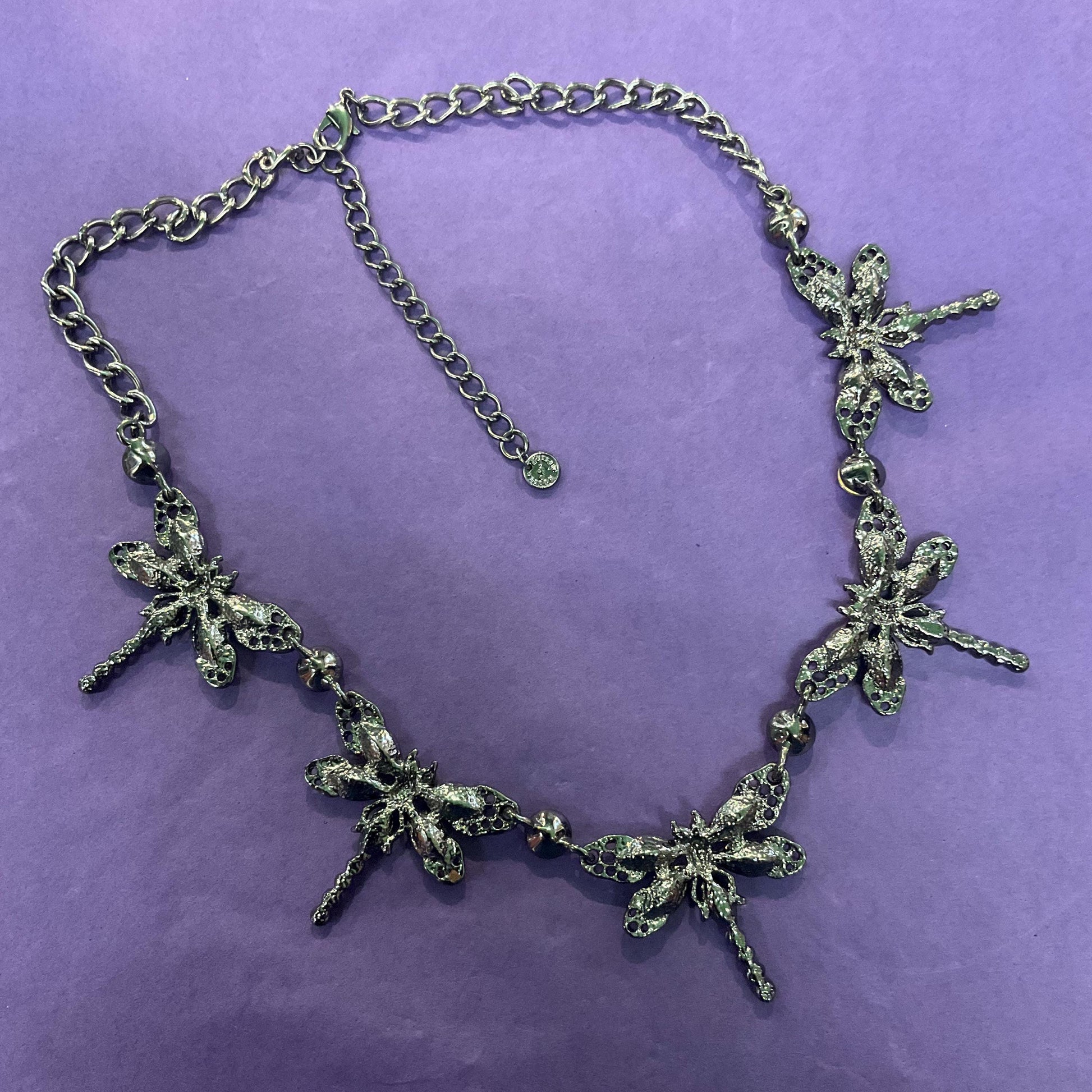 Vintage Butler and Wilson Rainbow Crystal Dragonfly Necklace, Pewter tone with Aurora Borealis Crystals and rhinestone, Signed as new