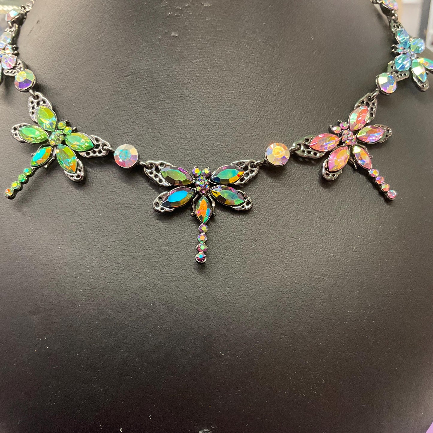 Vintage Butler and Wilson Rainbow Crystal Dragonfly Necklace, Pewter tone with Aurora Borealis Crystals and rhinestone, Signed as new