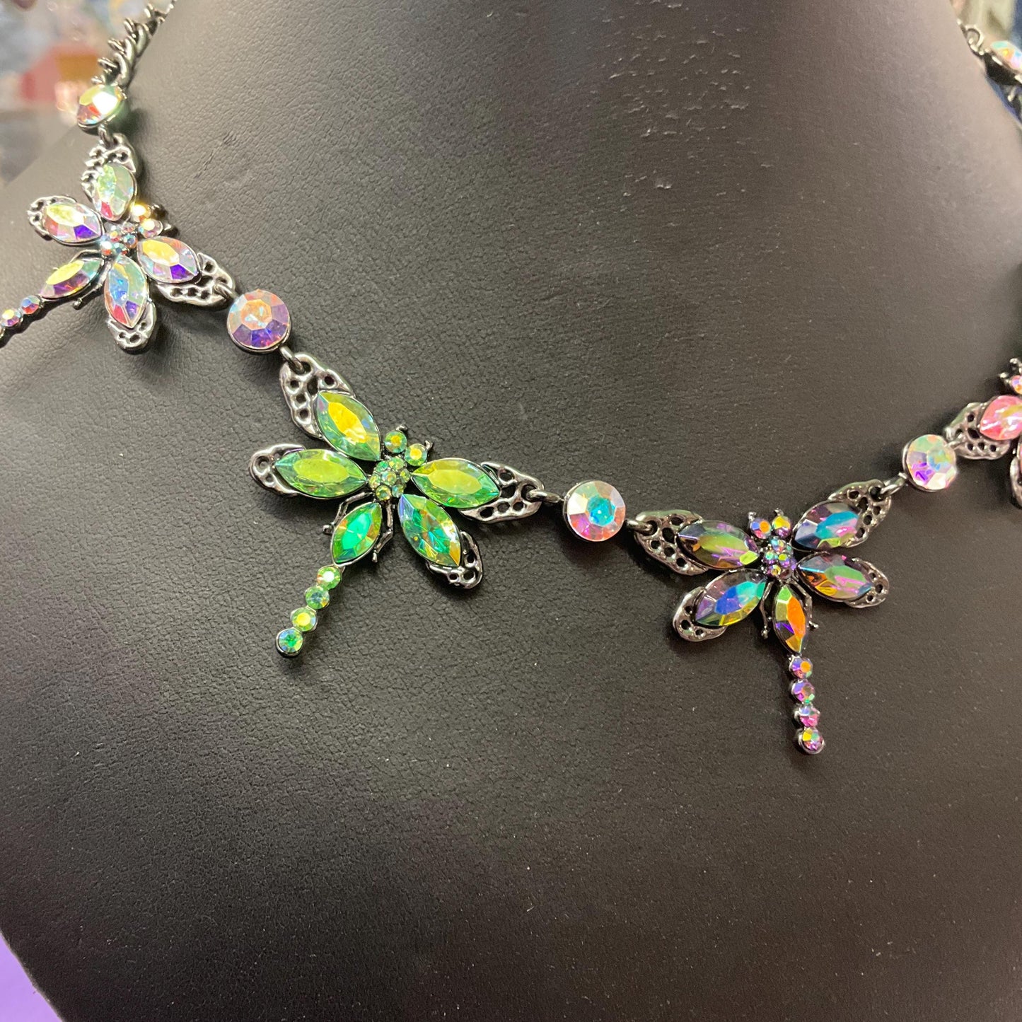 Vintage Butler and Wilson Rainbow Crystal Dragonfly Necklace, Pewter tone with Aurora Borealis Crystals and rhinestone, Signed as new