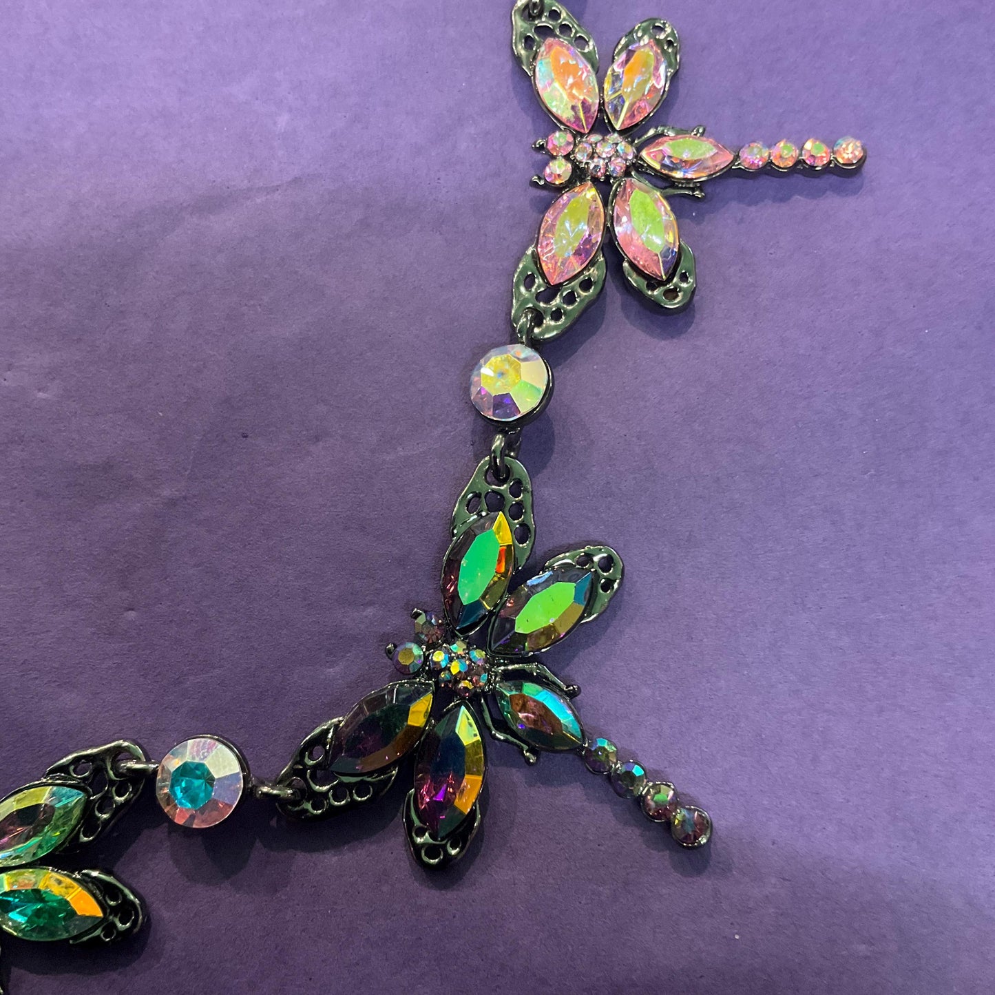 Vintage Butler and Wilson Rainbow Crystal Dragonfly Necklace, Pewter tone with Aurora Borealis Crystals and rhinestone, Signed as new