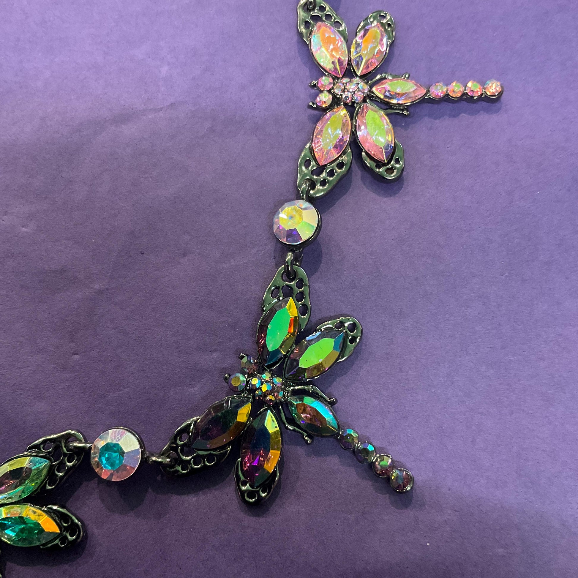 Vintage Butler and Wilson Rainbow Crystal Dragonfly Necklace, Pewter tone with Aurora Borealis Crystals and rhinestone, Signed as new