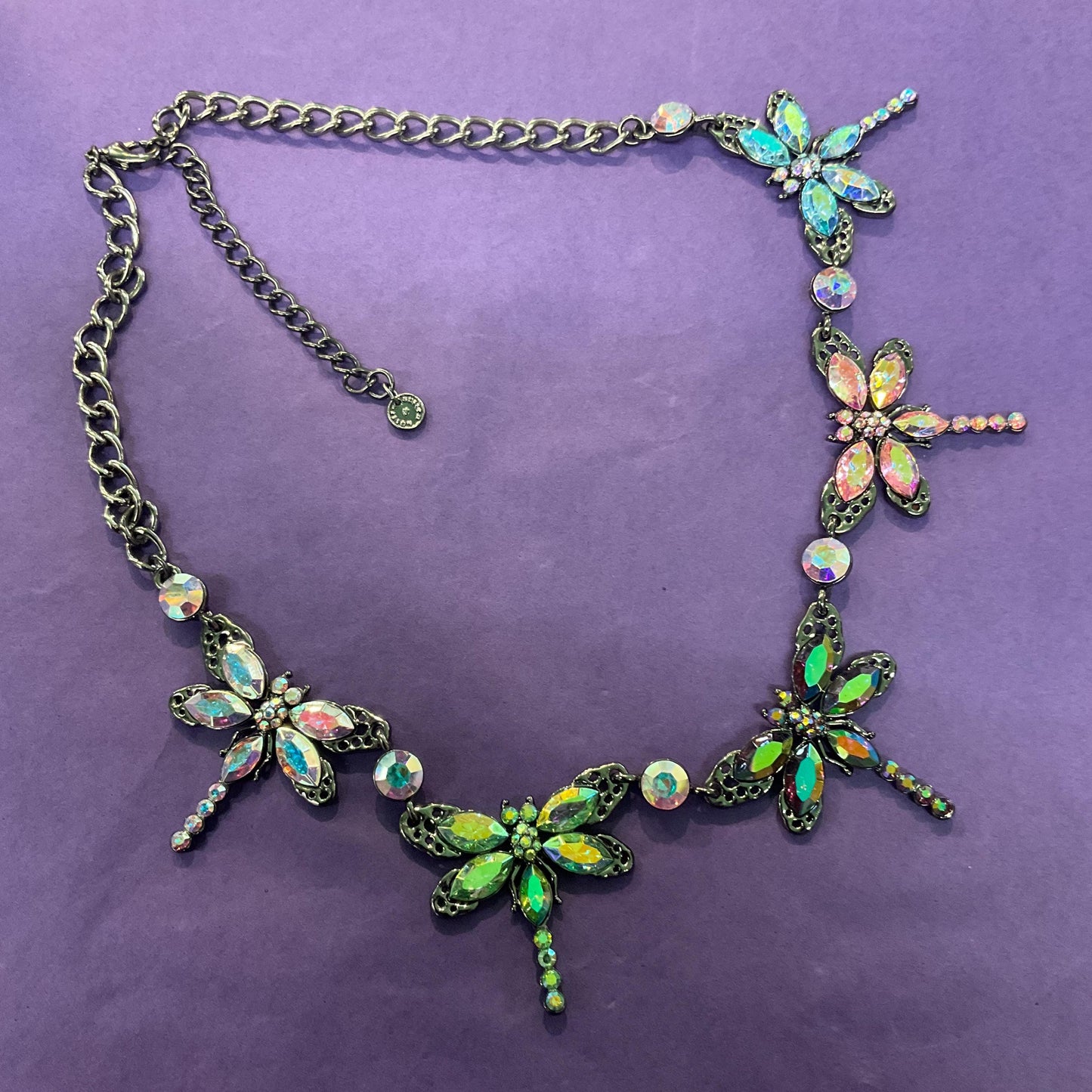 Vintage Butler and Wilson Rainbow Crystal Dragonfly Necklace, Pewter tone with Aurora Borealis Crystals and rhinestone, Signed as new