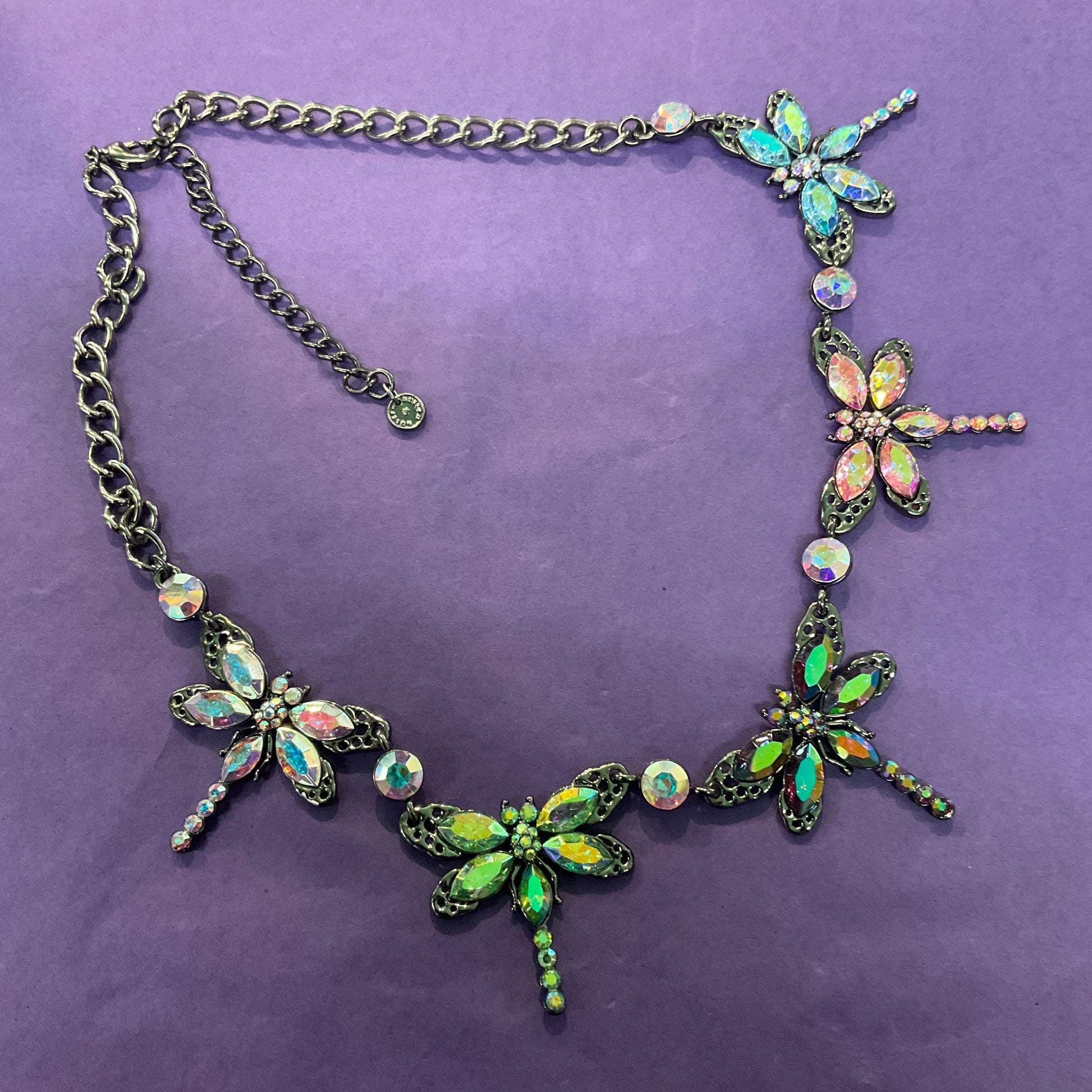 Vintage Butler and Wilson Rainbow Crystal Dragonfly Necklace, Pewter tone with Aurora Borealis Crystals and rhinestone, Signed as new