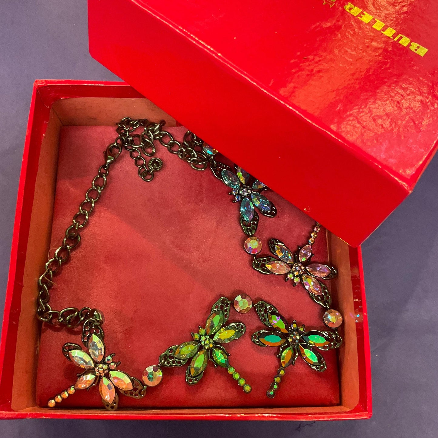 Vintage Butler and Wilson Rainbow Crystal Dragonfly Necklace, Pewter tone with Aurora Borealis Crystals and rhinestone, Signed as new