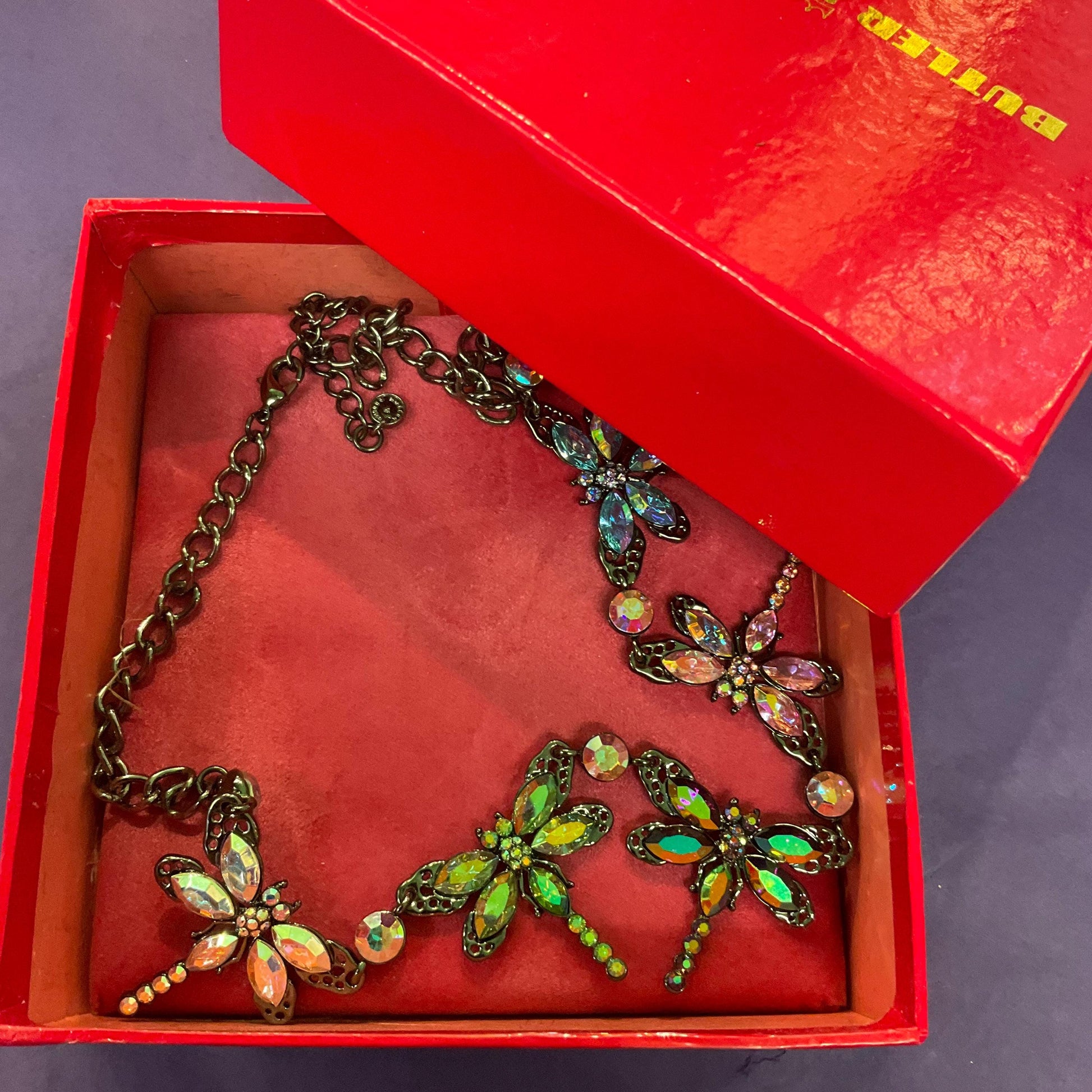 Vintage Butler and Wilson Rainbow Crystal Dragonfly Necklace, Pewter tone with Aurora Borealis Crystals and rhinestone, Signed as new