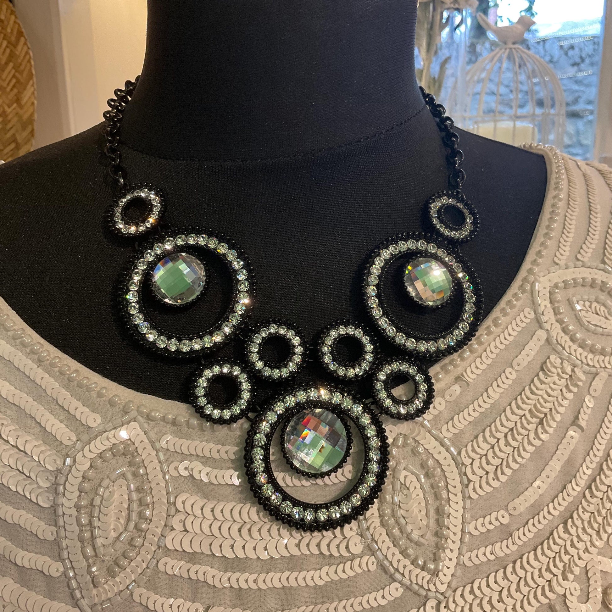 Vintage Butler and Wilson Statement Monotone Crystal Necklace, Black Enamel and Silver Crystal and Rhinestone, Signed in Original Box