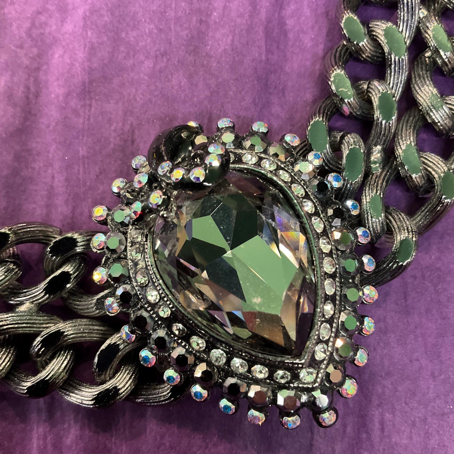 Vintage Butler and Wilson Gothic Crystal Pewter Statement Chain Necklace, Pewter faceted crystal with silver & Borealis rhinestones, signed