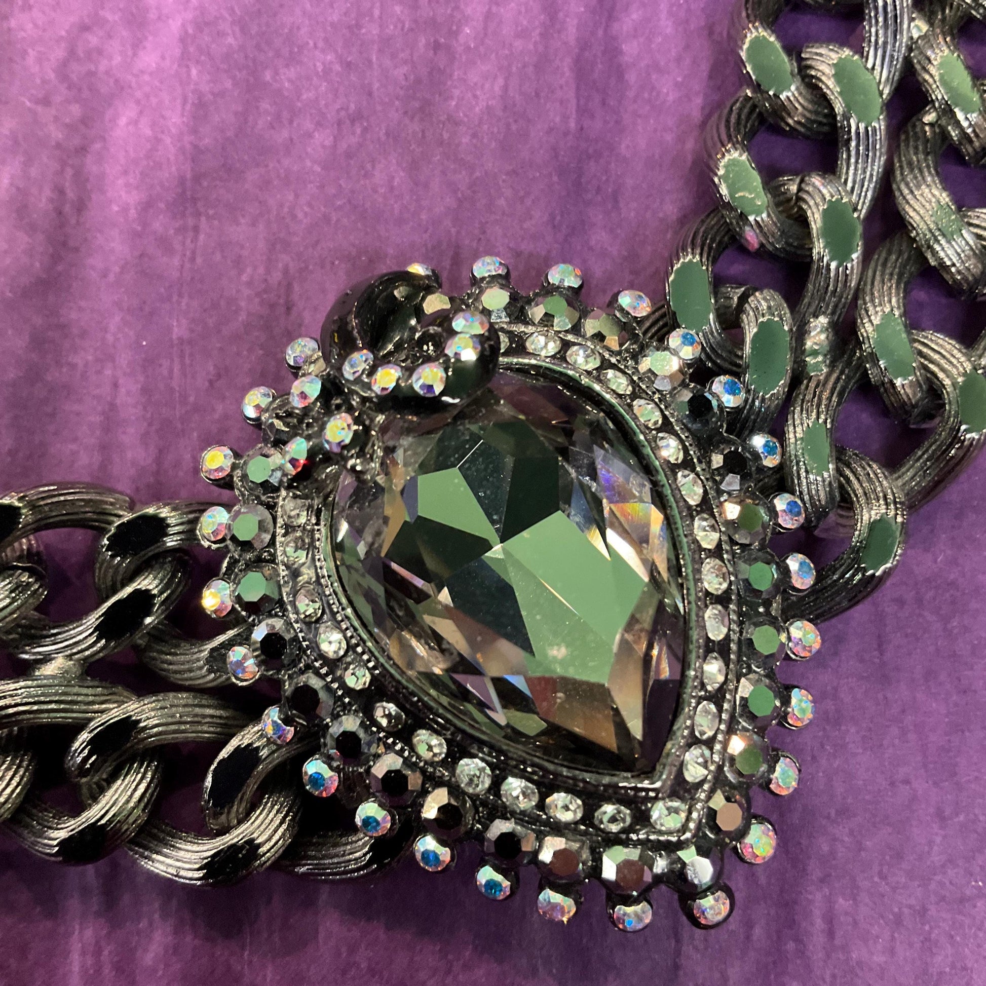 Vintage Butler and Wilson Gothic Crystal Pewter Statement Chain Necklace, Pewter faceted crystal with silver & Borealis rhinestones, signed