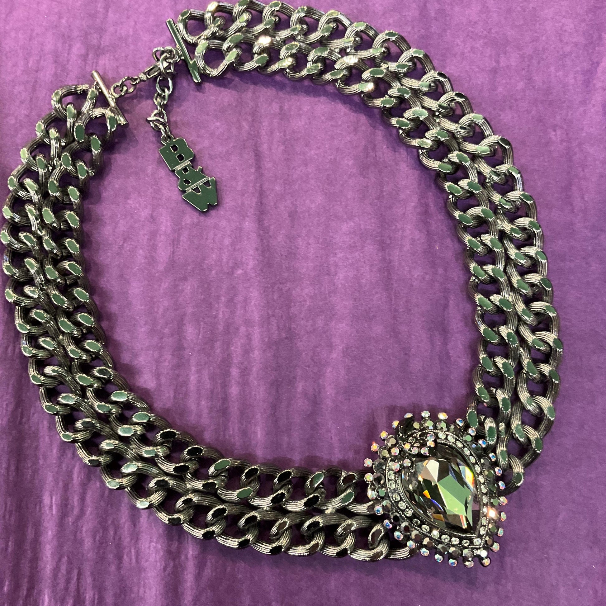 Vintage Butler and Wilson Gothic Crystal Pewter Statement Chain Necklace, Pewter faceted crystal with silver & Borealis rhinestones, signed