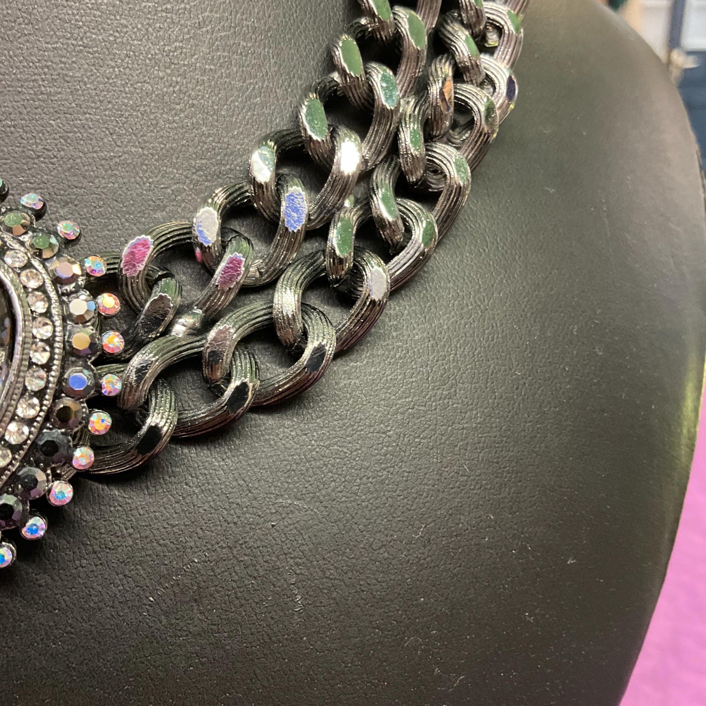 Vintage Butler and Wilson Gothic Crystal Pewter Statement Chain Necklace, Pewter faceted crystal with silver & Borealis rhinestones, signed