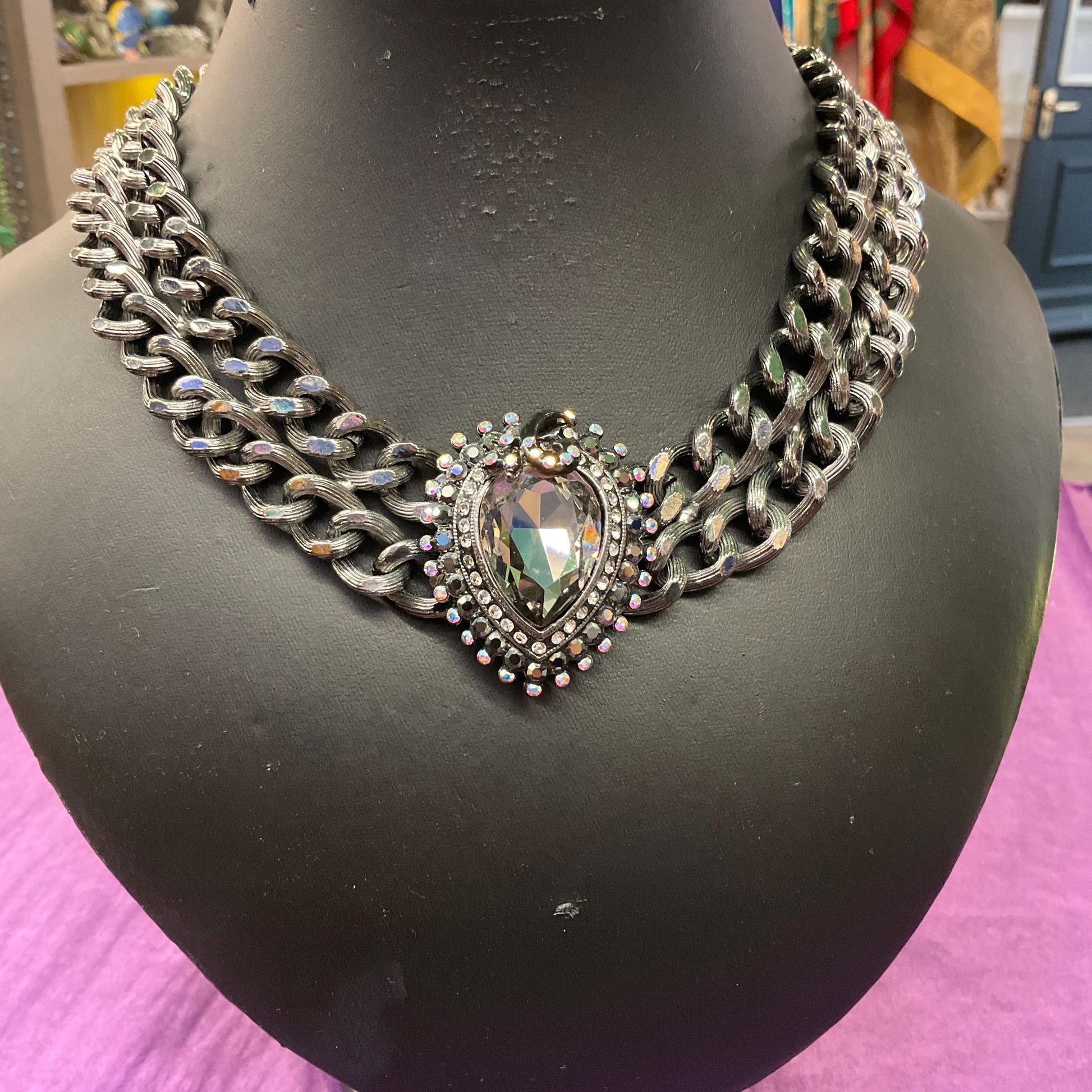 Vintage Butler and Wilson Gothic Crystal Pewter Statement Chain Necklace, Pewter faceted crystal with silver & Borealis rhinestones, signed