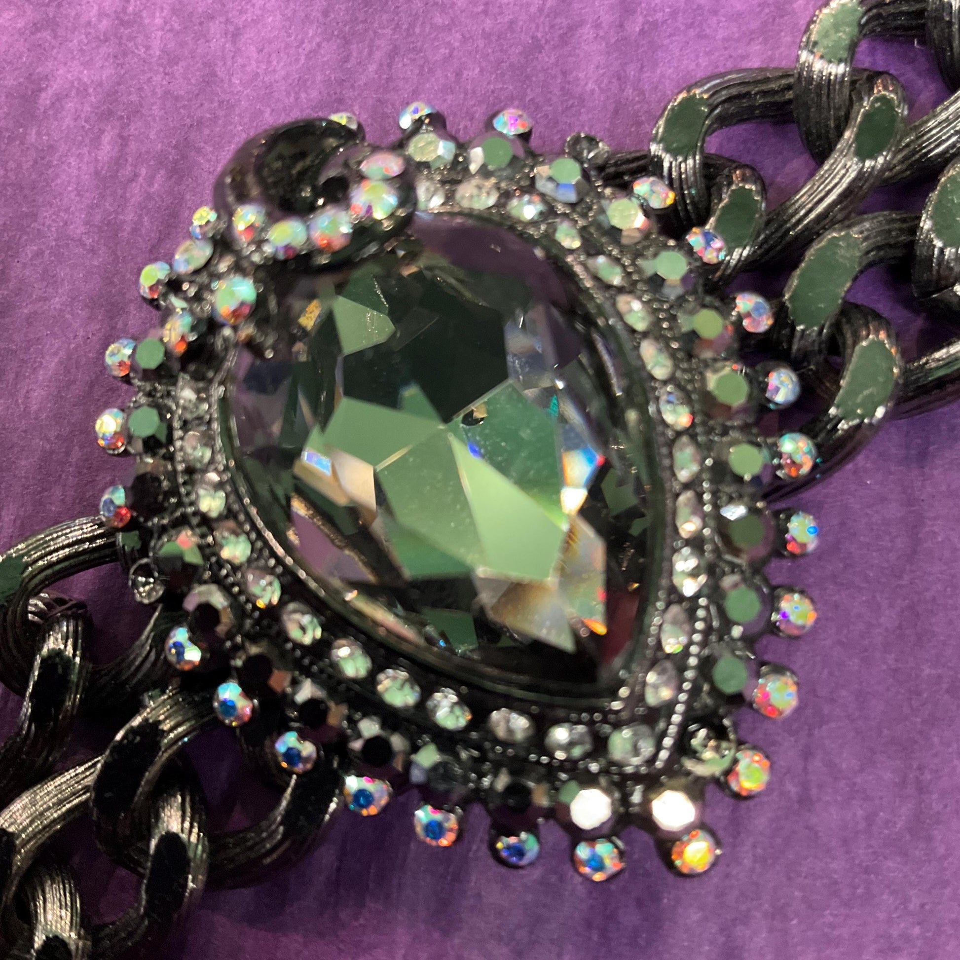 Vintage Butler and Wilson Gothic Pewter Crystal Statement Chain Bracelet , Faceted large crystal with silver and Borealis Rhinestones