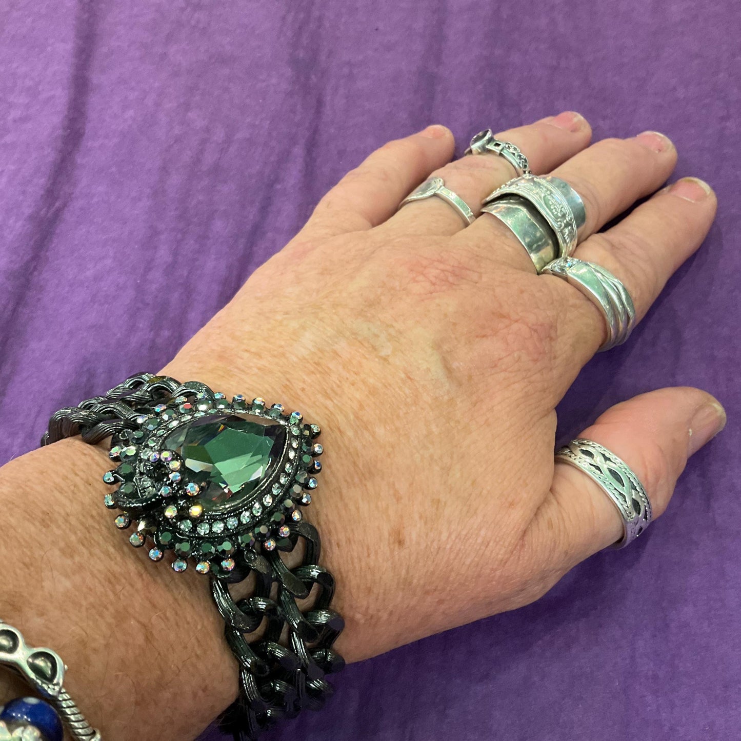 Vintage Butler and Wilson Gothic Pewter Crystal Statement Chain Bracelet , Faceted large crystal with silver and Borealis Rhinestones