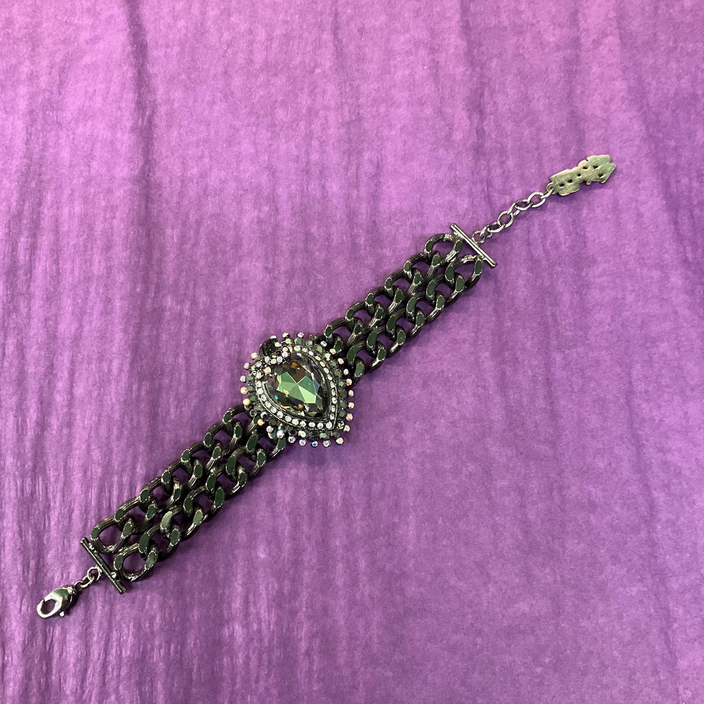 Vintage Butler and Wilson Gothic Pewter Crystal Statement Chain Bracelet , Faceted large crystal with silver and Borealis Rhinestones