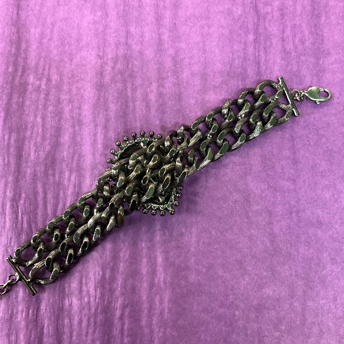 Vintage Butler and Wilson Gothic Pewter Crystal Statement Chain Bracelet , Faceted large crystal with silver and Borealis Rhinestones