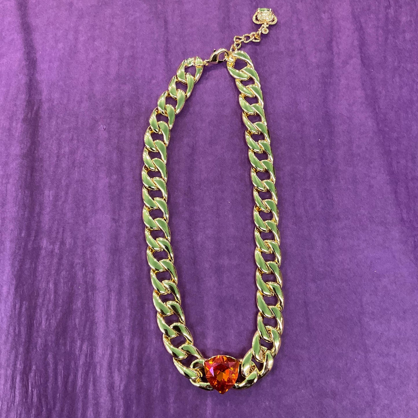 Vintage Butler and Wilson Gold Statement Crystal Chain Necklace, chunky curb chain with orange faceted Borealus Crystal, Signed