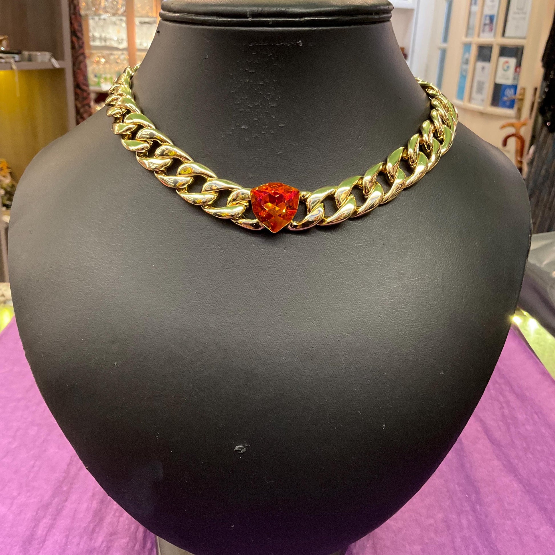 Vintage Butler and Wilson Gold Statement Crystal Chain Necklace, chunky curb chain with orange faceted Borealus Crystal, Signed