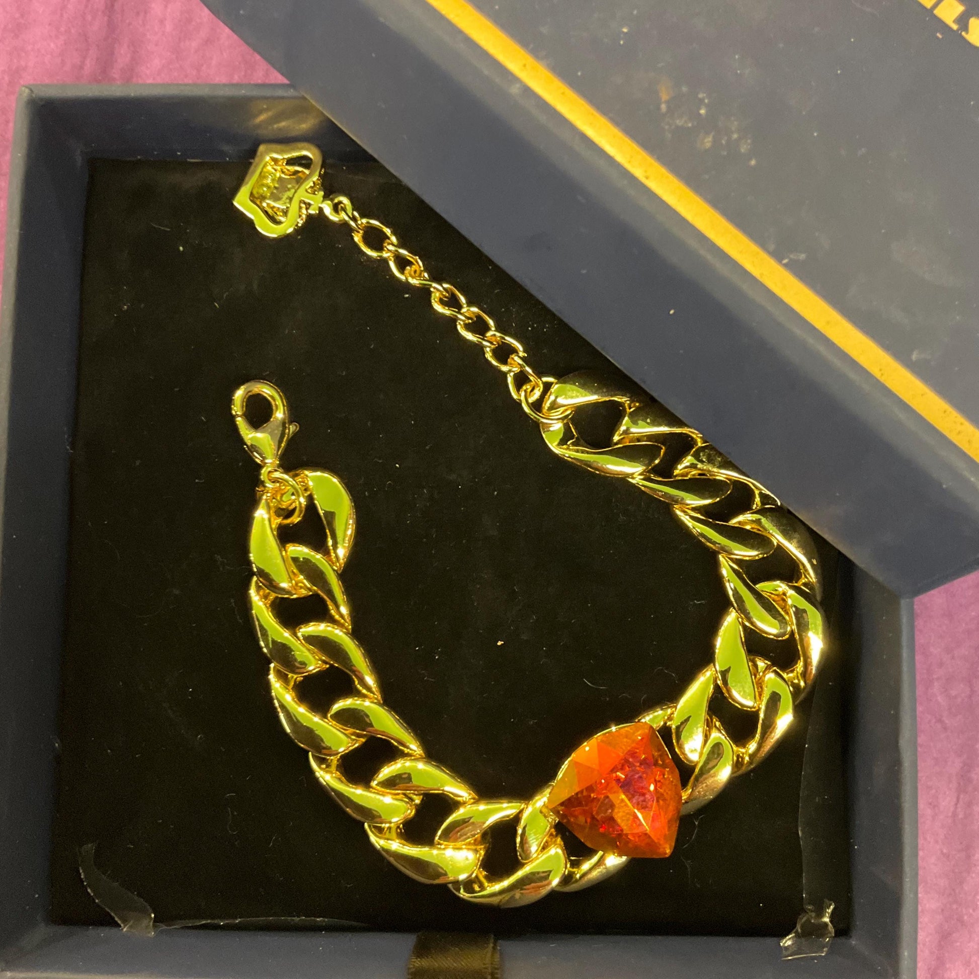 Vintage Butler and Wilson Gold Statement Crystal Chain Braclet, Wide curb chain with orange faceted borealis crystal, Signed